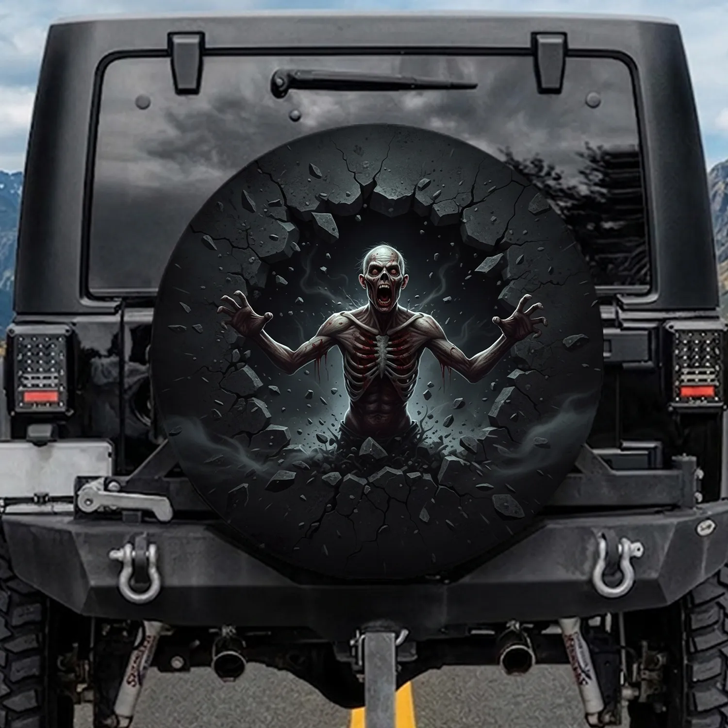 Screaming Zombie Exploding from Concrete - Halloween Horror Fan Gift Spare Tire Cover - 1