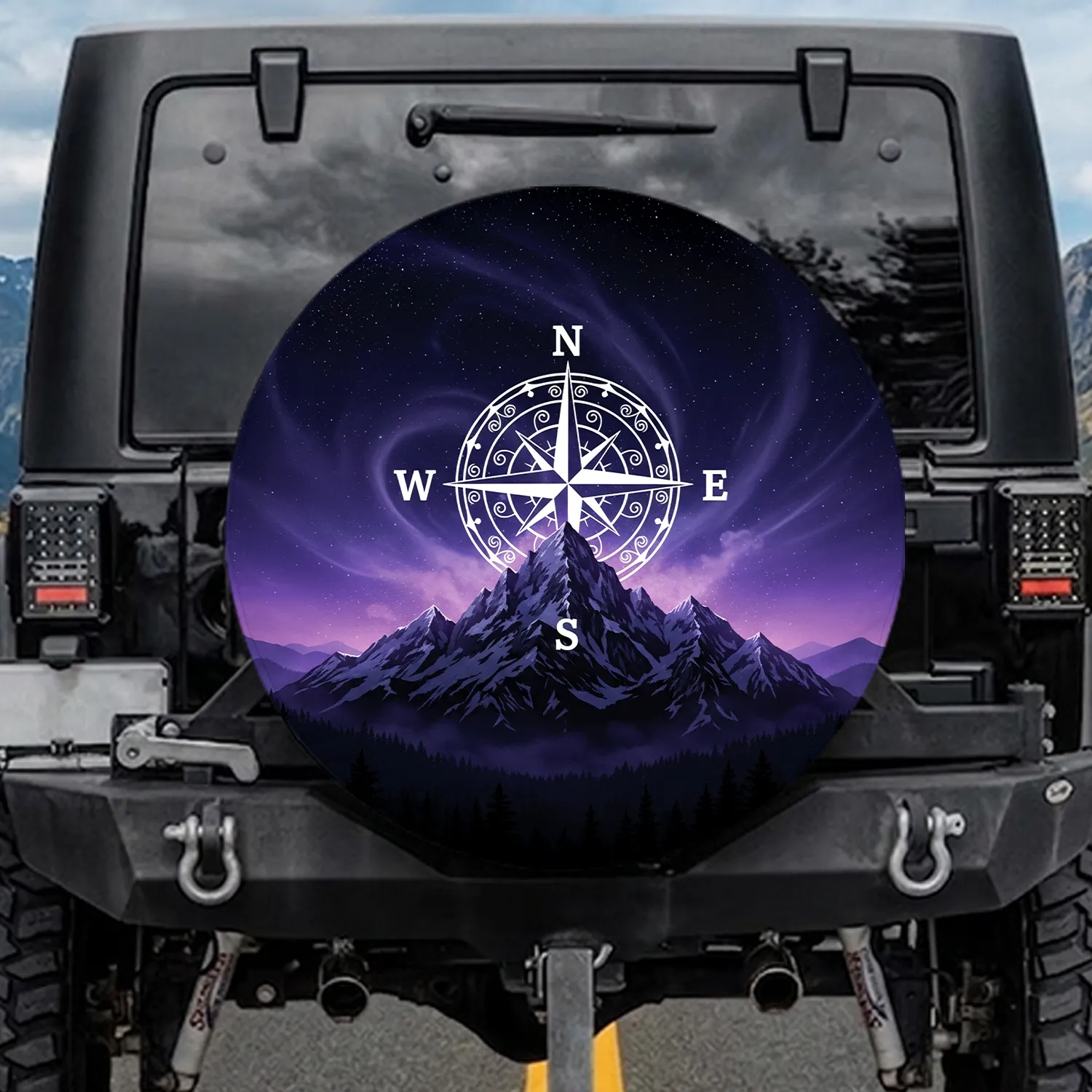 Cosmic Night Compass Rose Mountain Range - Outdoor Explorer Journey Gift Spare Tire Cover - 1