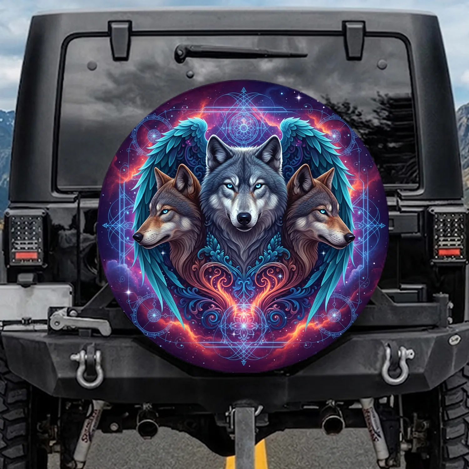 Mystical Wolves Feather Wings Celestial Mandalas - Spiritual Journey Gift Spare Tire Cover - 1