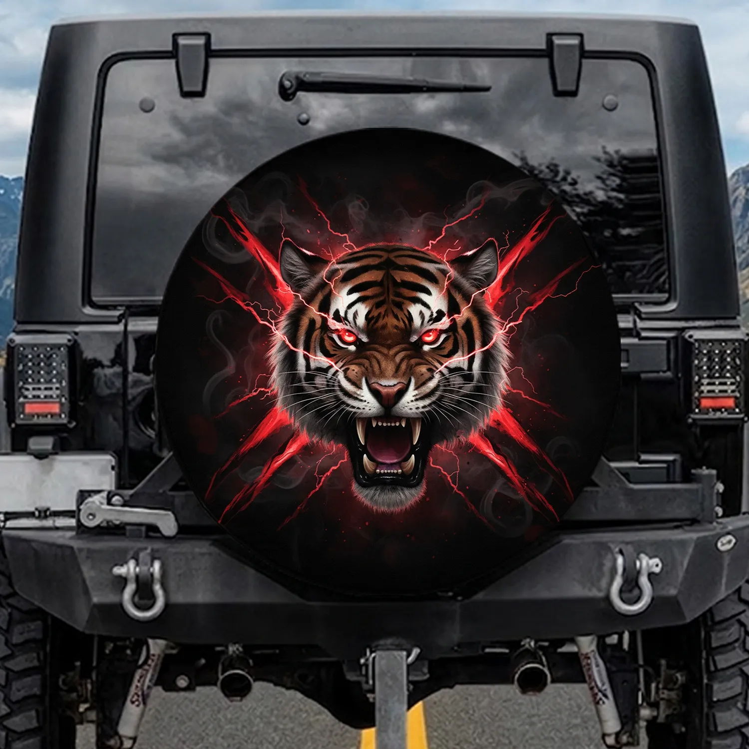 Roaring Tiger Head Glowing Red Eyes Red Lightning - Outdoor Adventure Gift Spare Tire Cover - 1