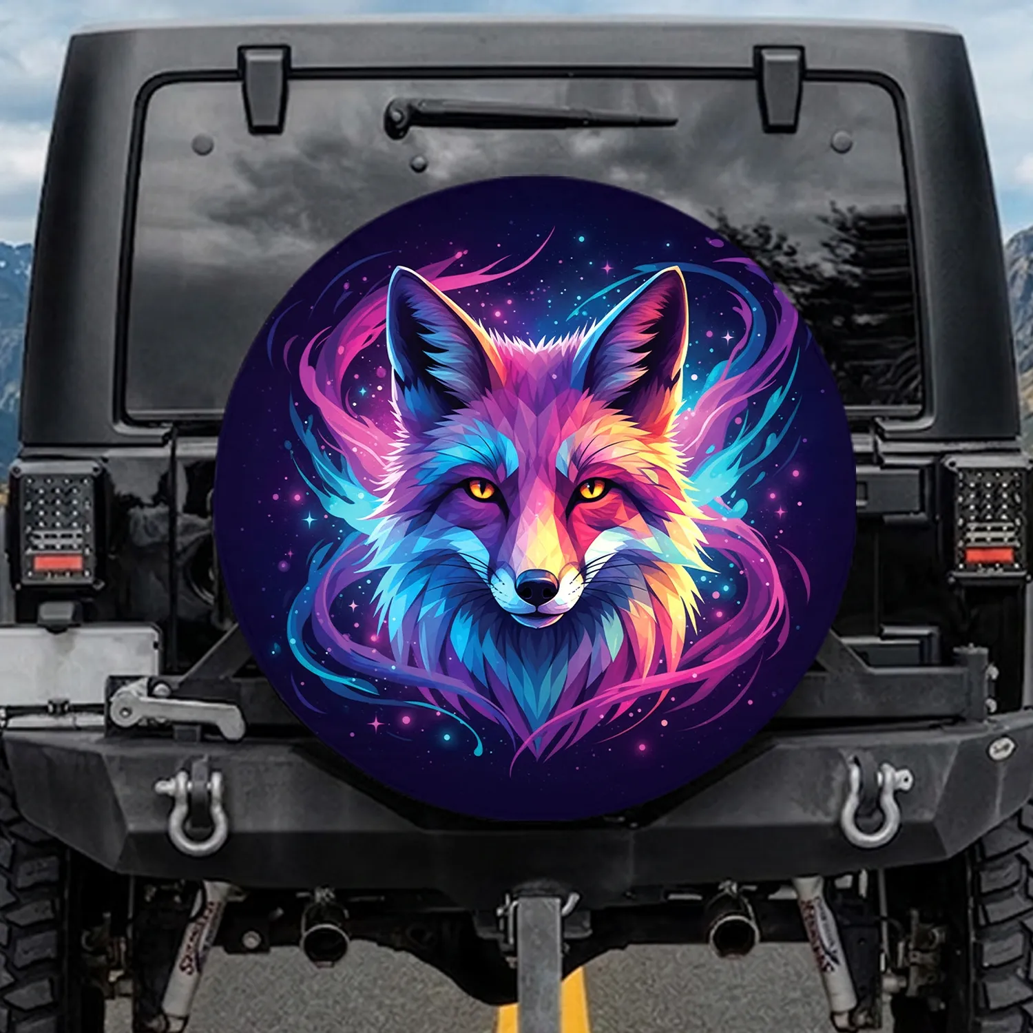 Iridescent Geometric Fox Cosmic Nebula - Wildlife Lover Gift Spare Tire Cover - 1
