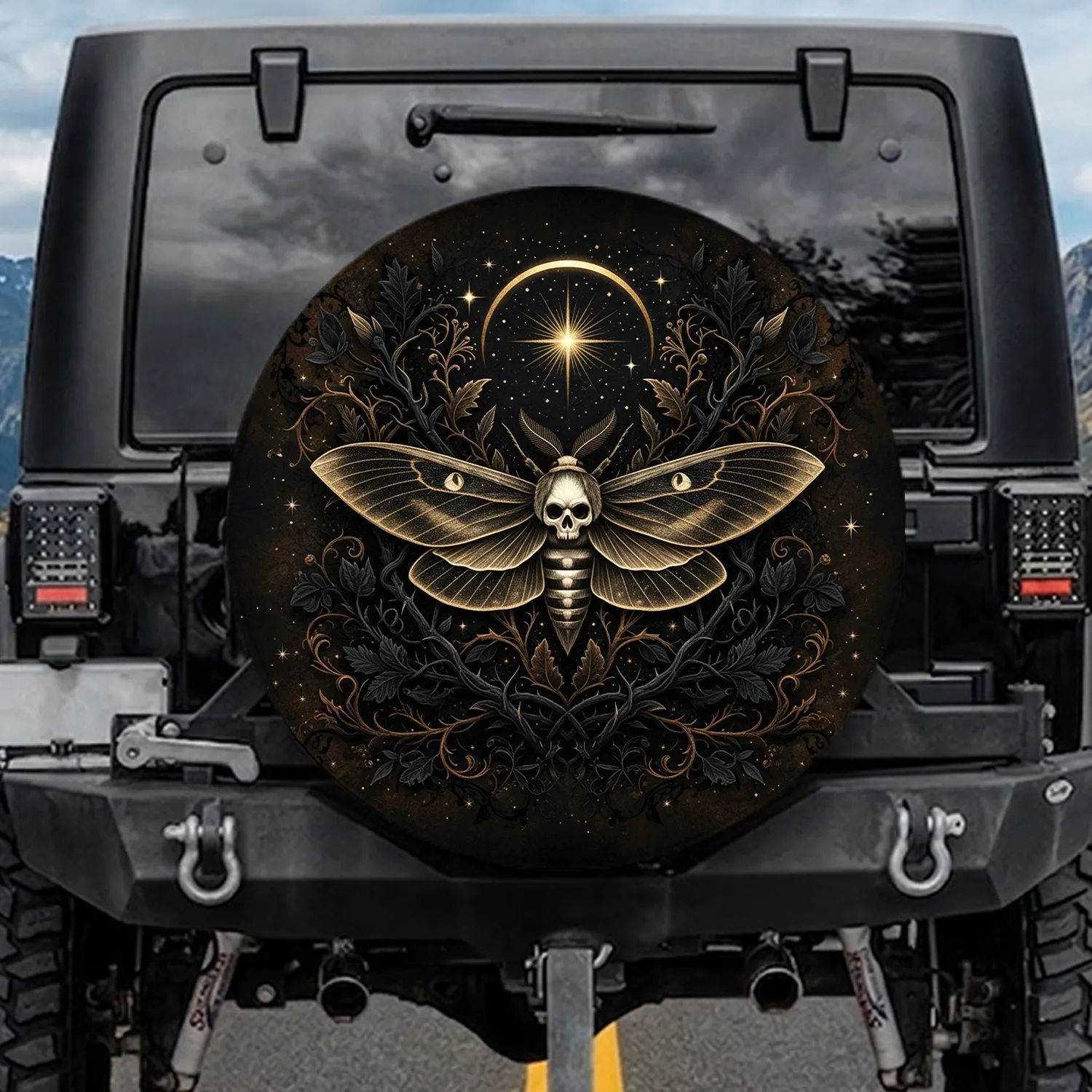 Death's Head Hawkmoth Skull Moon Gothic Home Decor Gift for Goth Enthusiasts Spare Tire Cover - 1