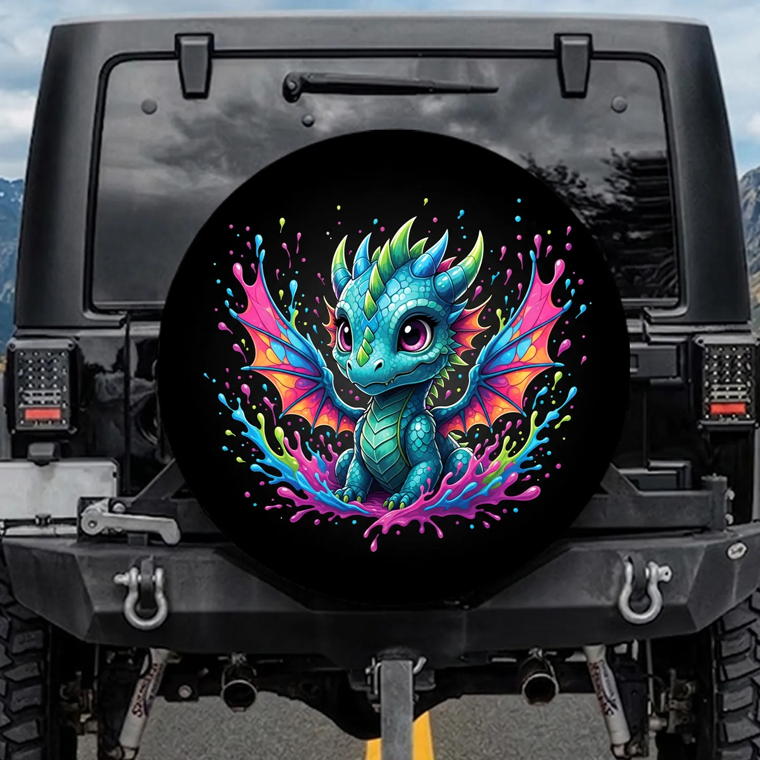 Baby Dragon Pink Eyes Spiky Crest Paint Splatter - Fantasy Lover Gift Spare Tire Cover - 1