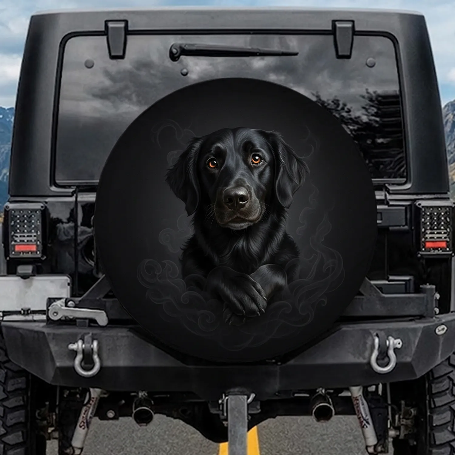 Black Flat-Coated Retriever Paws Resting Warm Brown Eyes Crinkled Snout - Dog Lover Gift Spare Tire Cover - 1