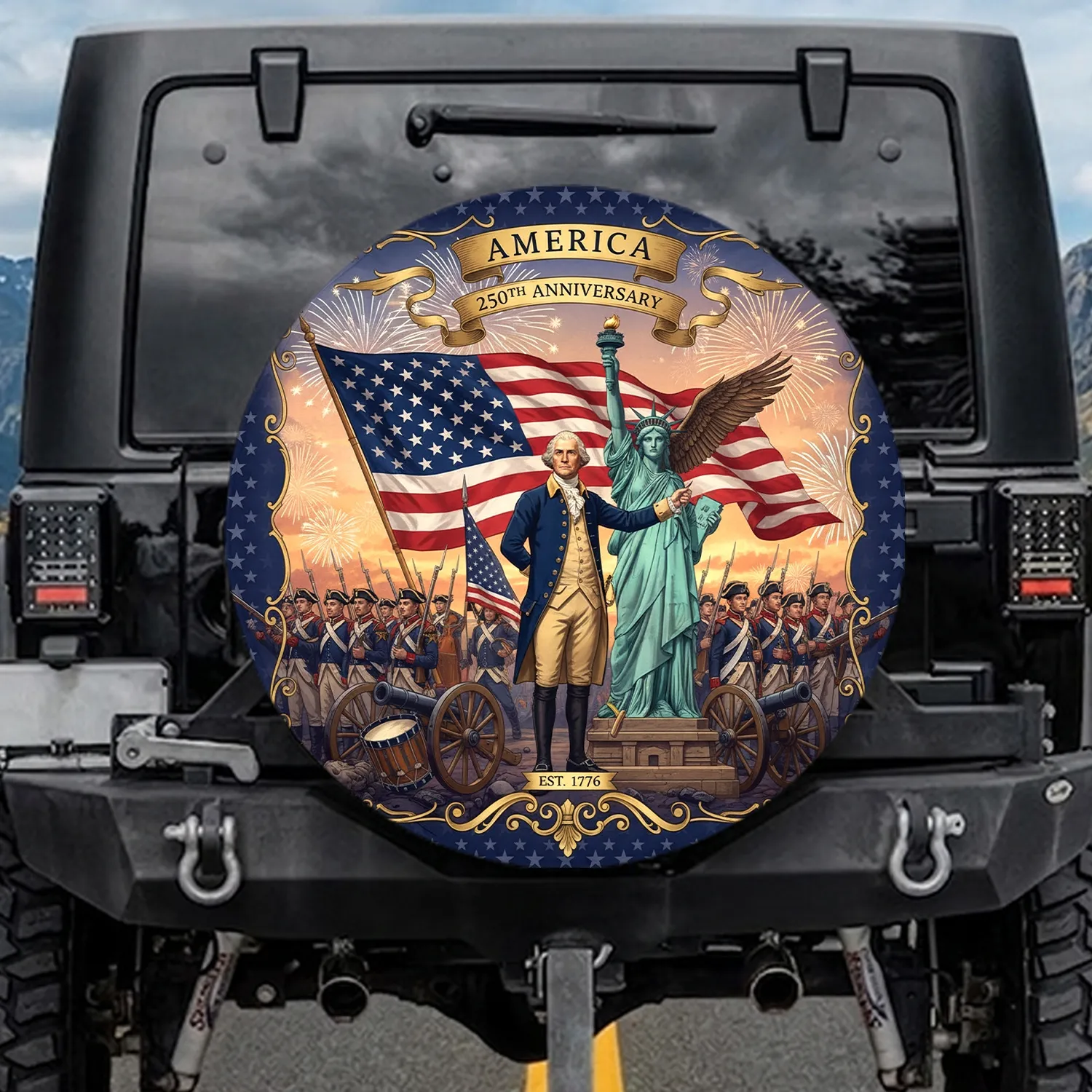 George Washington Bald Eagle Statue Liberty Flag Fireworks - America 250th Anniversary Spare Tire Cover - 1