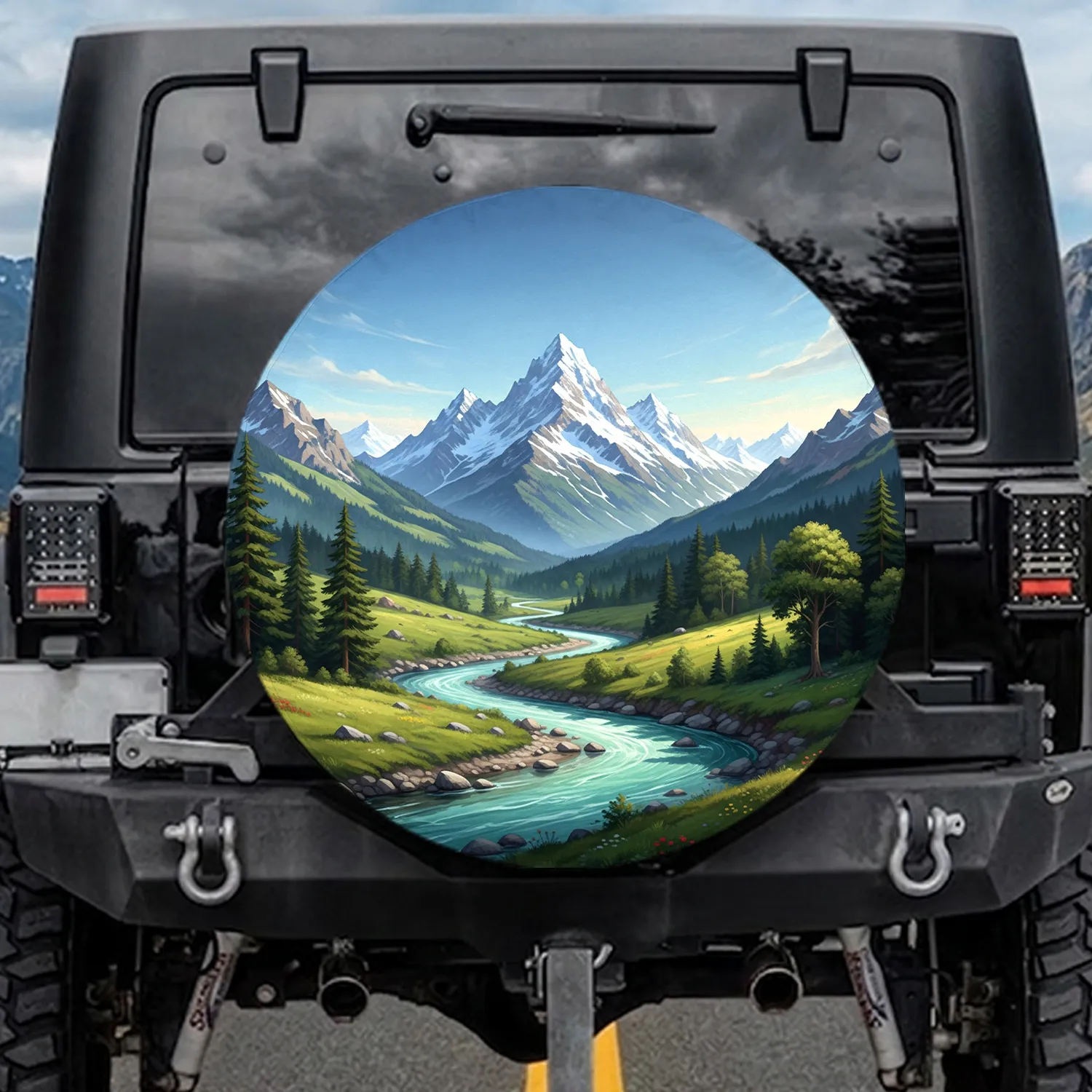 Majestic Snow Mountain River Valley Wildflower Landscape - Nature Lover Gift Spare Tire Cover - 1