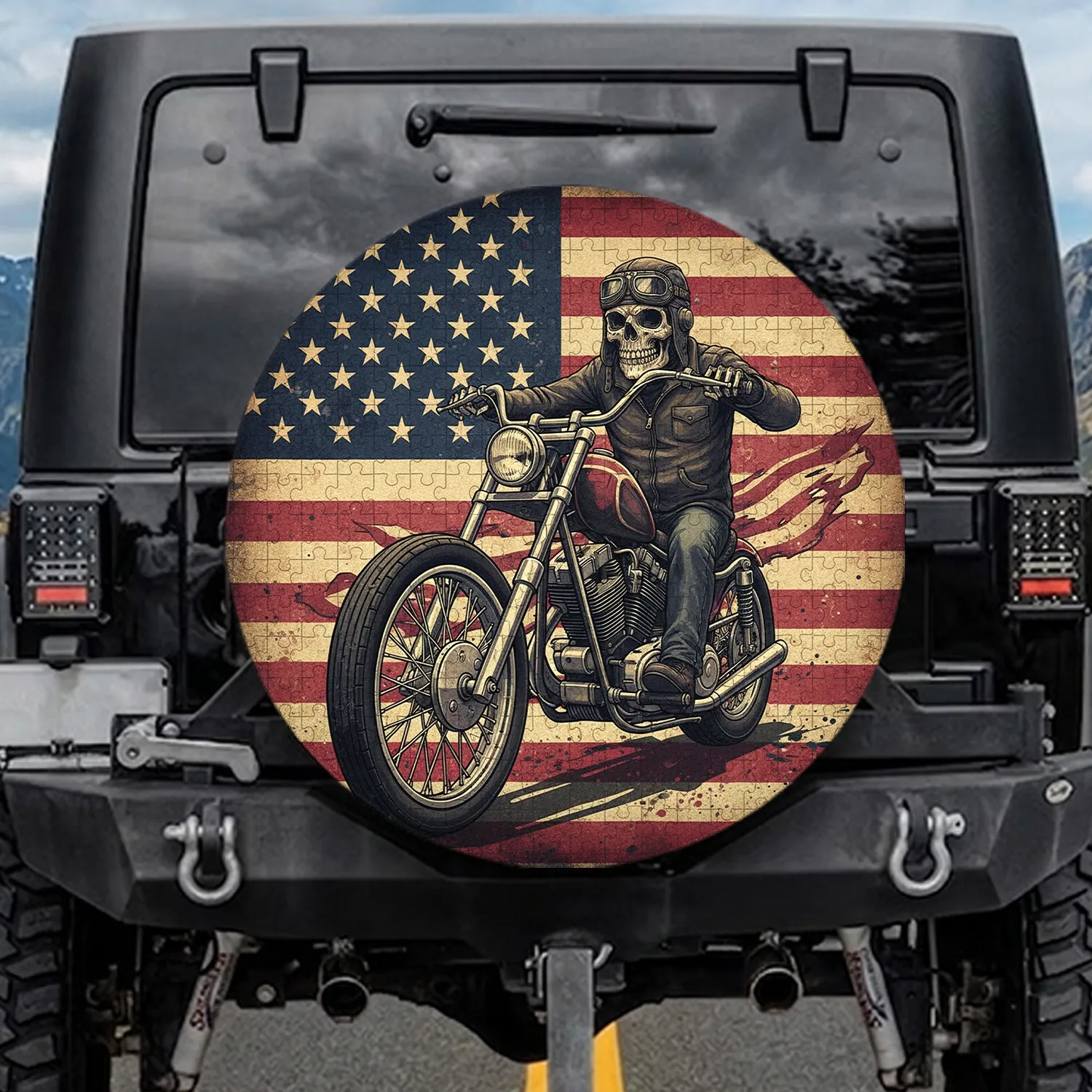 Chopper Motorcycle Skull American Flag - Independence Day Gift for Veterans Spare Tire Cover - 1