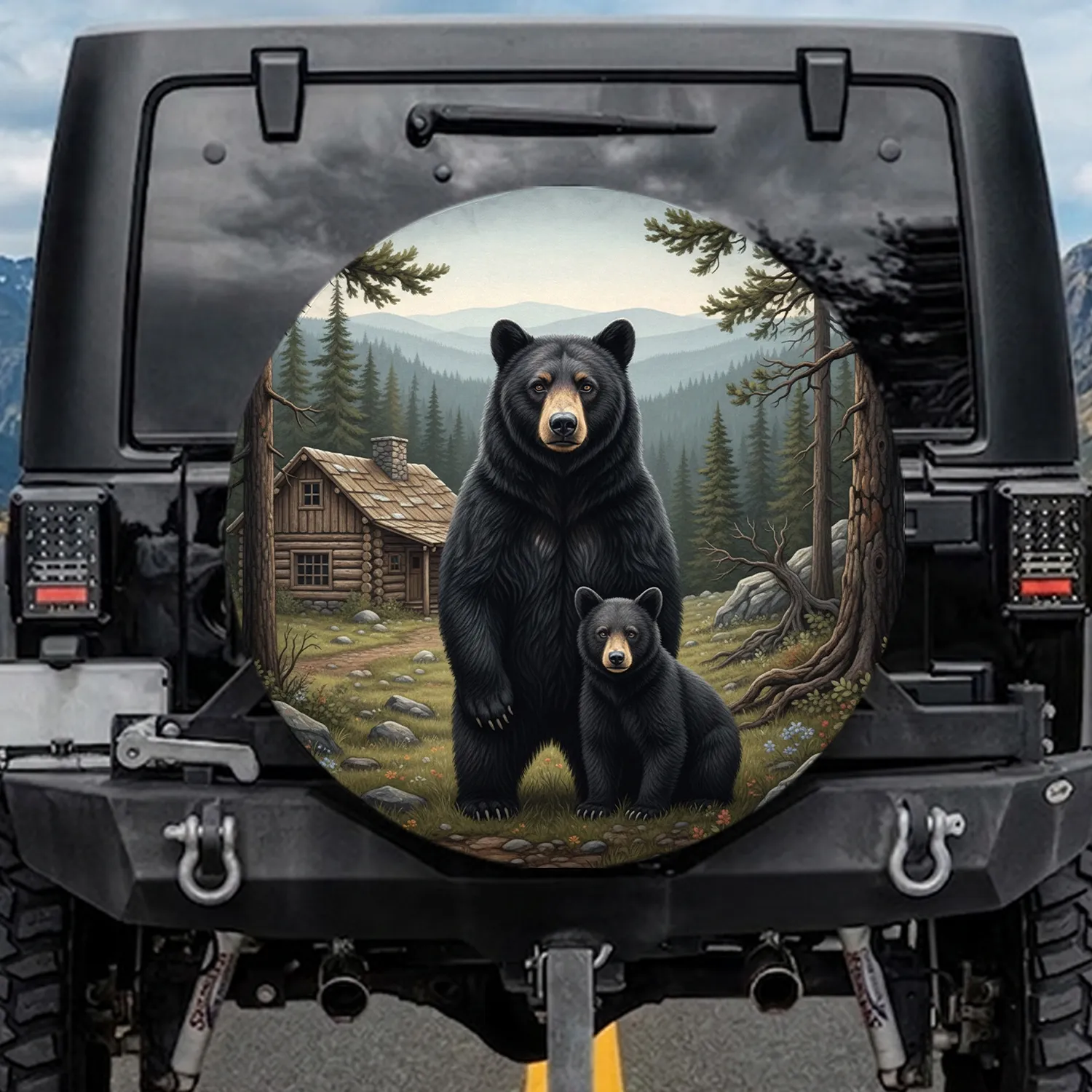 Black Bear Cub Log Cabin Forest Wilderness - Wildlife Lover Gift for Bear Lovers Spare Tire Cover - 1