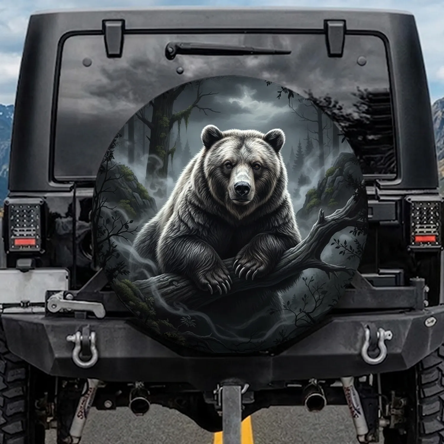 Grizzly Bear Forest Mist Tree Branch Twilight - Wildlife Lover Gift for Bear Enthusiast Spare Tire Cover - 1