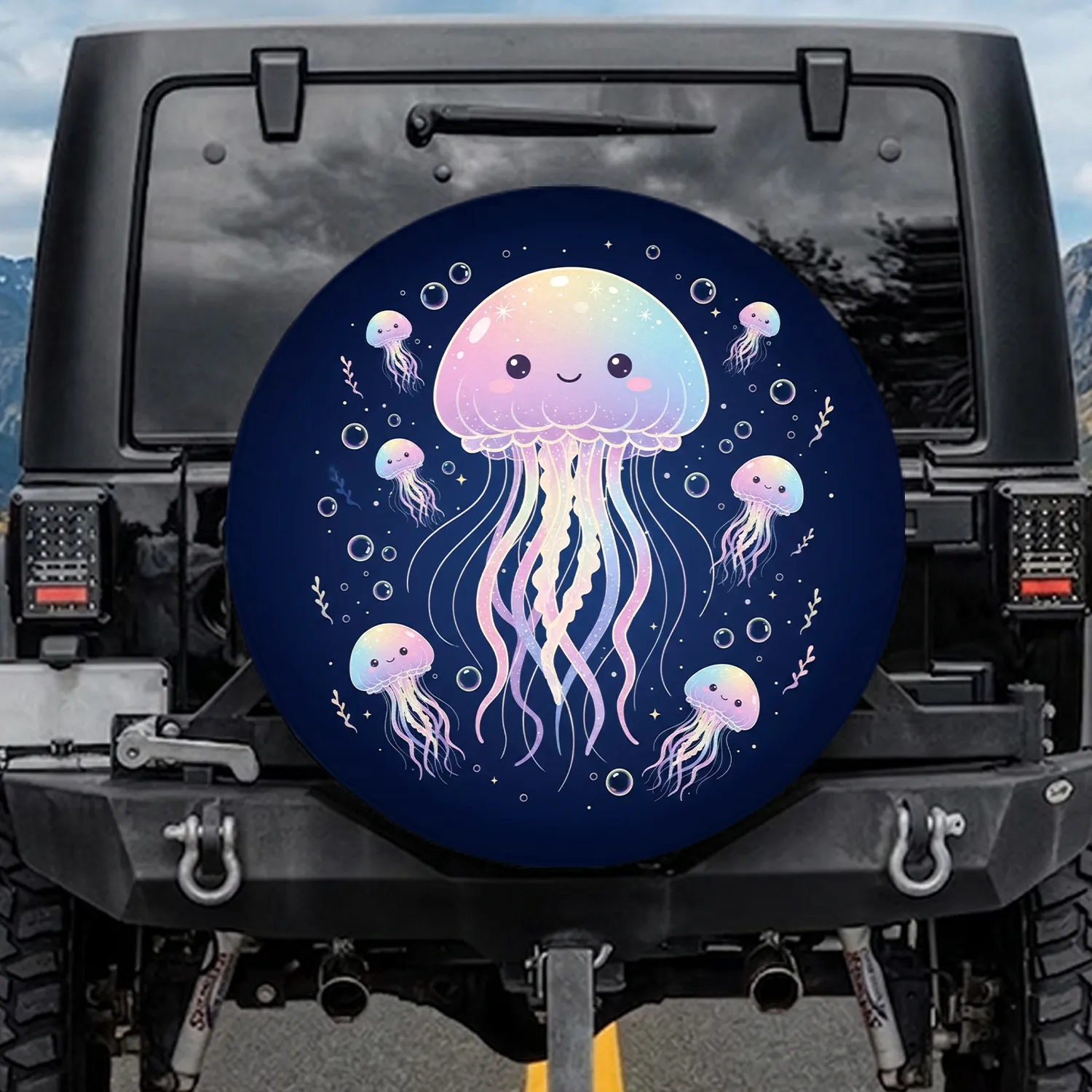 Stylized Friendly Smile Glowing Jellyfish Wavy Tentacles Stars Sparkles - Deep Ocean Lover Gift Spare Tire Cover - 1