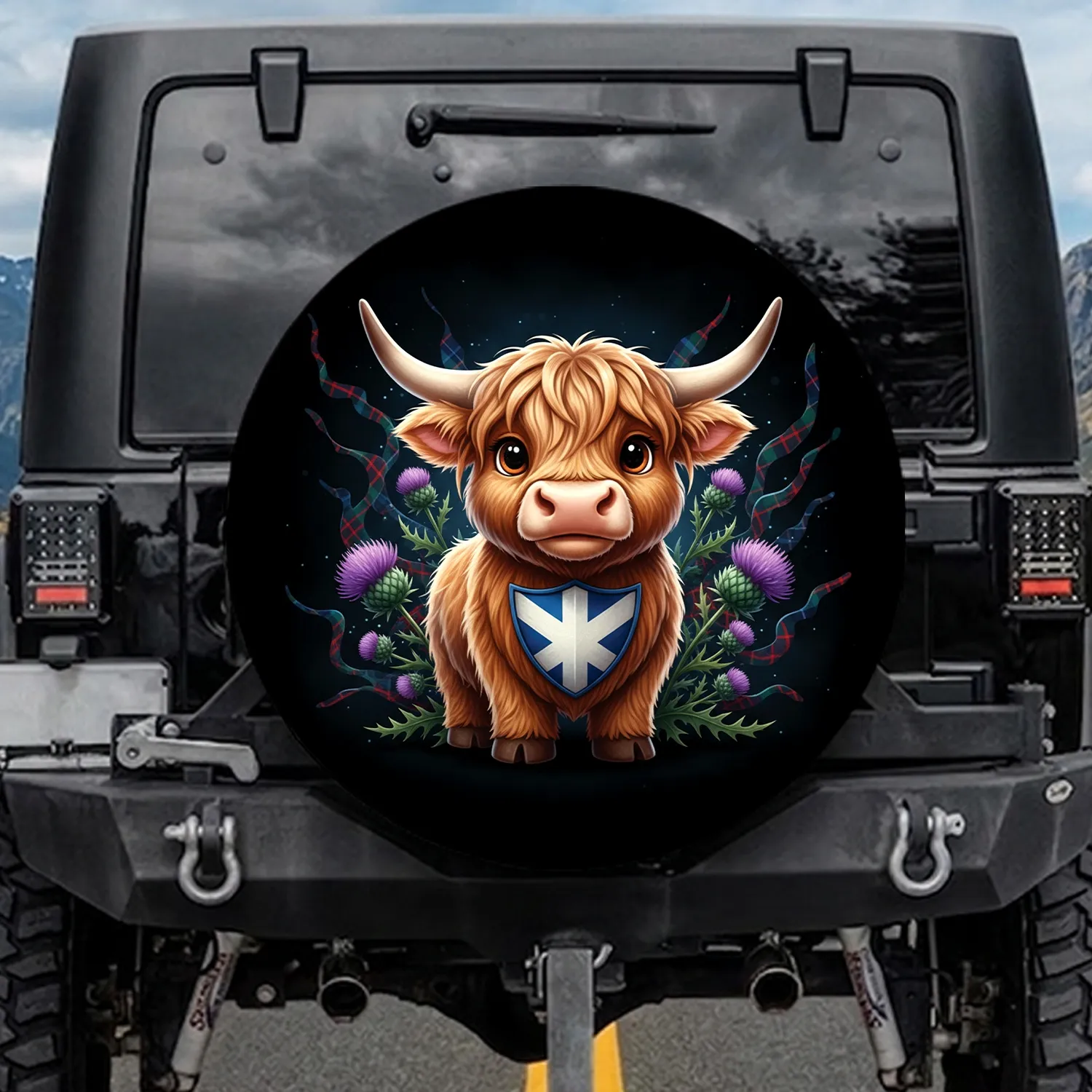 Highland Cow Scottish Flag Thistle - Farmhouse Home Decor Gift for Cow Lover Spare Tire Cover - 1