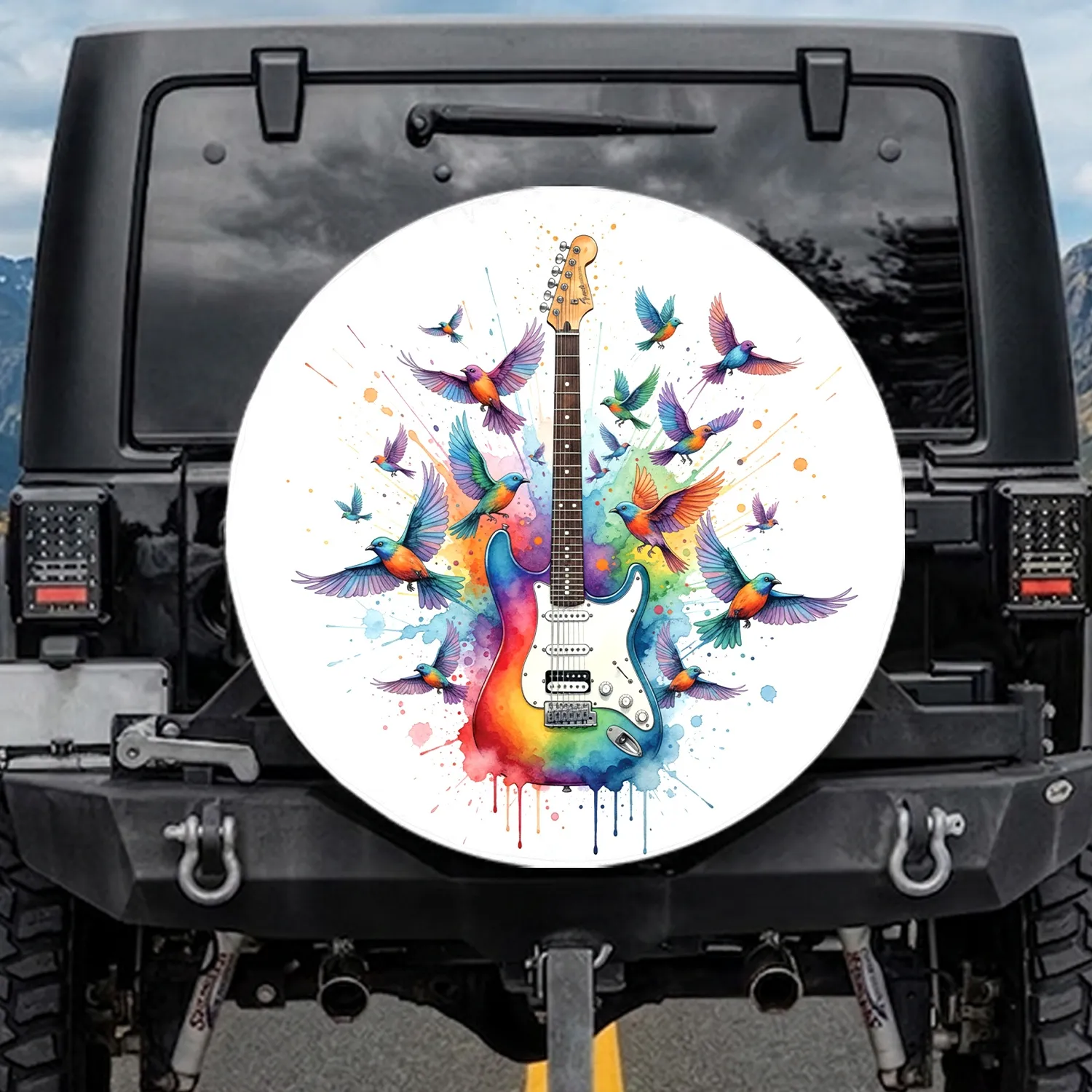 Rainbow Electric Guitar Flying Birds - Car SUV RV Truck Decor Gift for Auto Enthusiasts Spare Tire Cover - 1