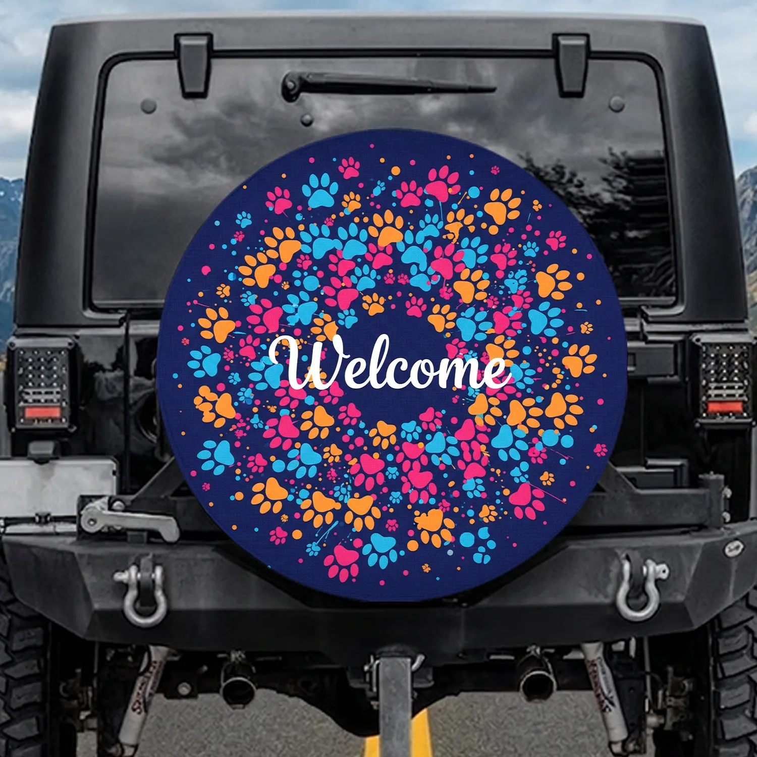 Welcome Paw Prints Confetti Splatter - Outdoor Car Accessory Gift for Pet Parents Spare Tire Cover - 1