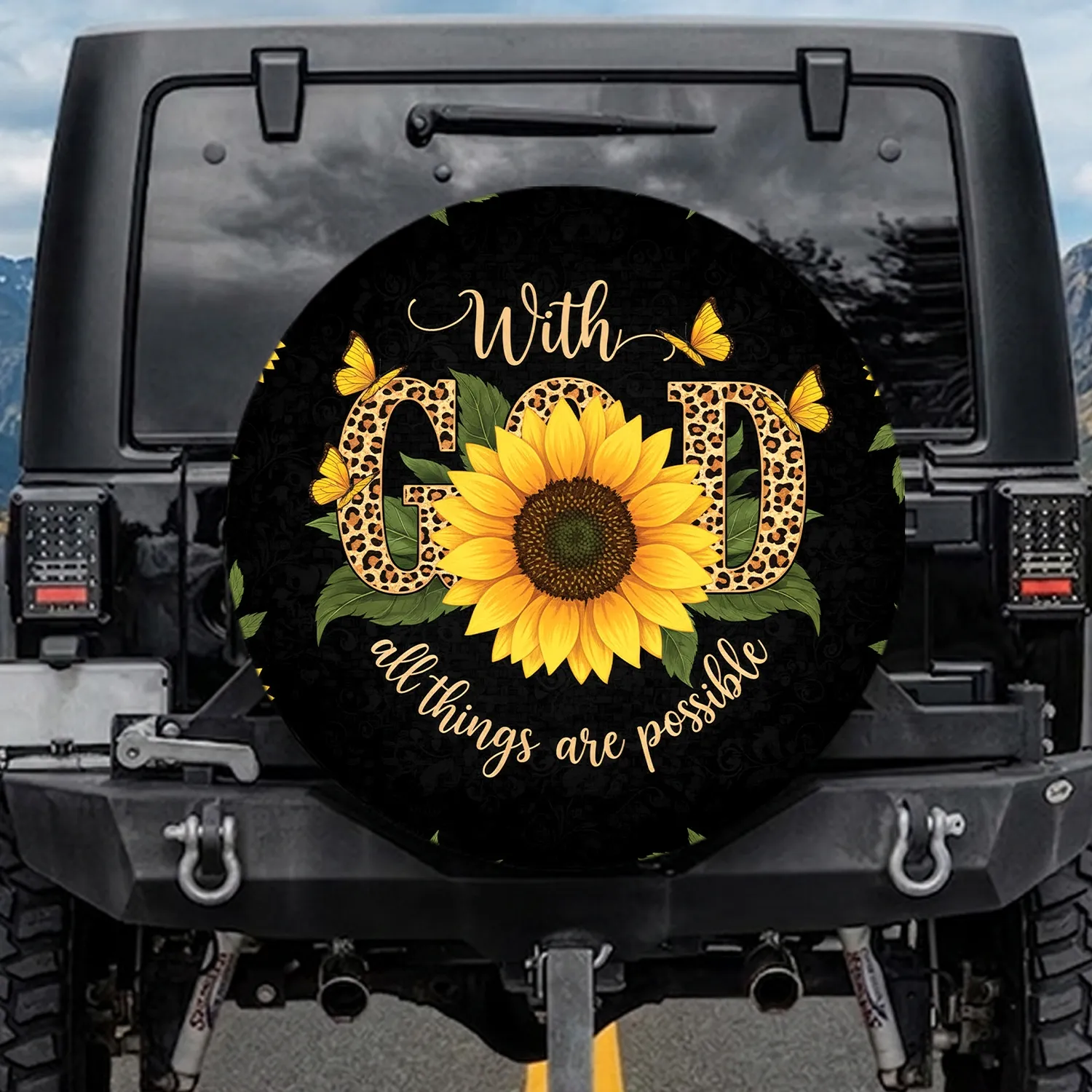 Leopard Print GOD Sunflower Butterflies Scripture - Inspirational Faith Gift Spare Tire Cover - 1
