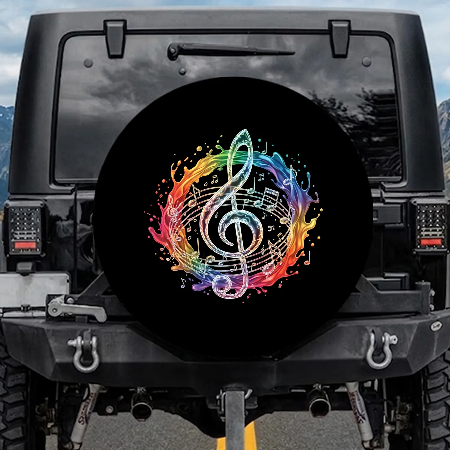 Treble Clef Musical Notes Iridescent Ribbons - Music Lover Gift Spare Tire Cover - 1