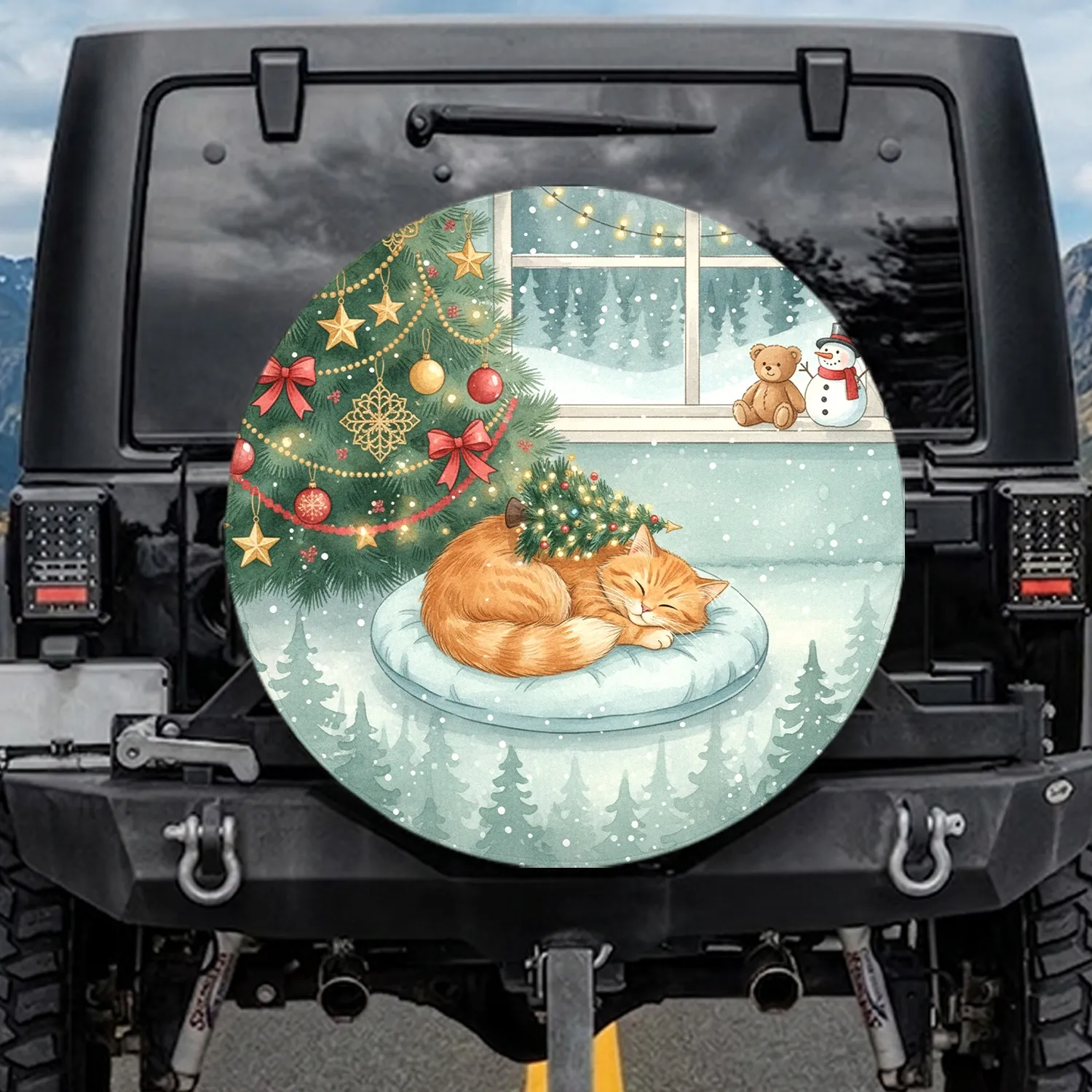 Orange Tabby Cat Christmas Tree Snowman - Christmas Holiday Gift for Cat Lover Spare Tire Cover - 1