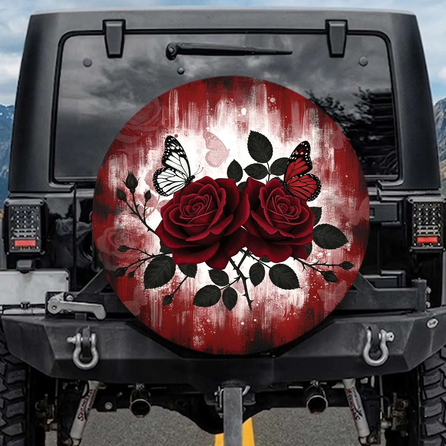 Crimson Roses White Butterfly Weathered Flag - Home Decor Gift for Butterfly Lover Spare Tire Cover - 1