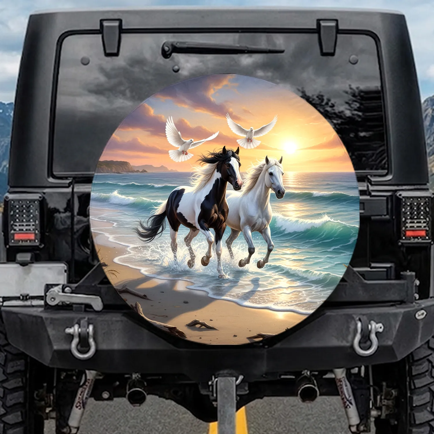Pinto White Horses Galloping Beach Ocean Sunset Doves - Nature Lover Gift Spare Tire Cover - 1