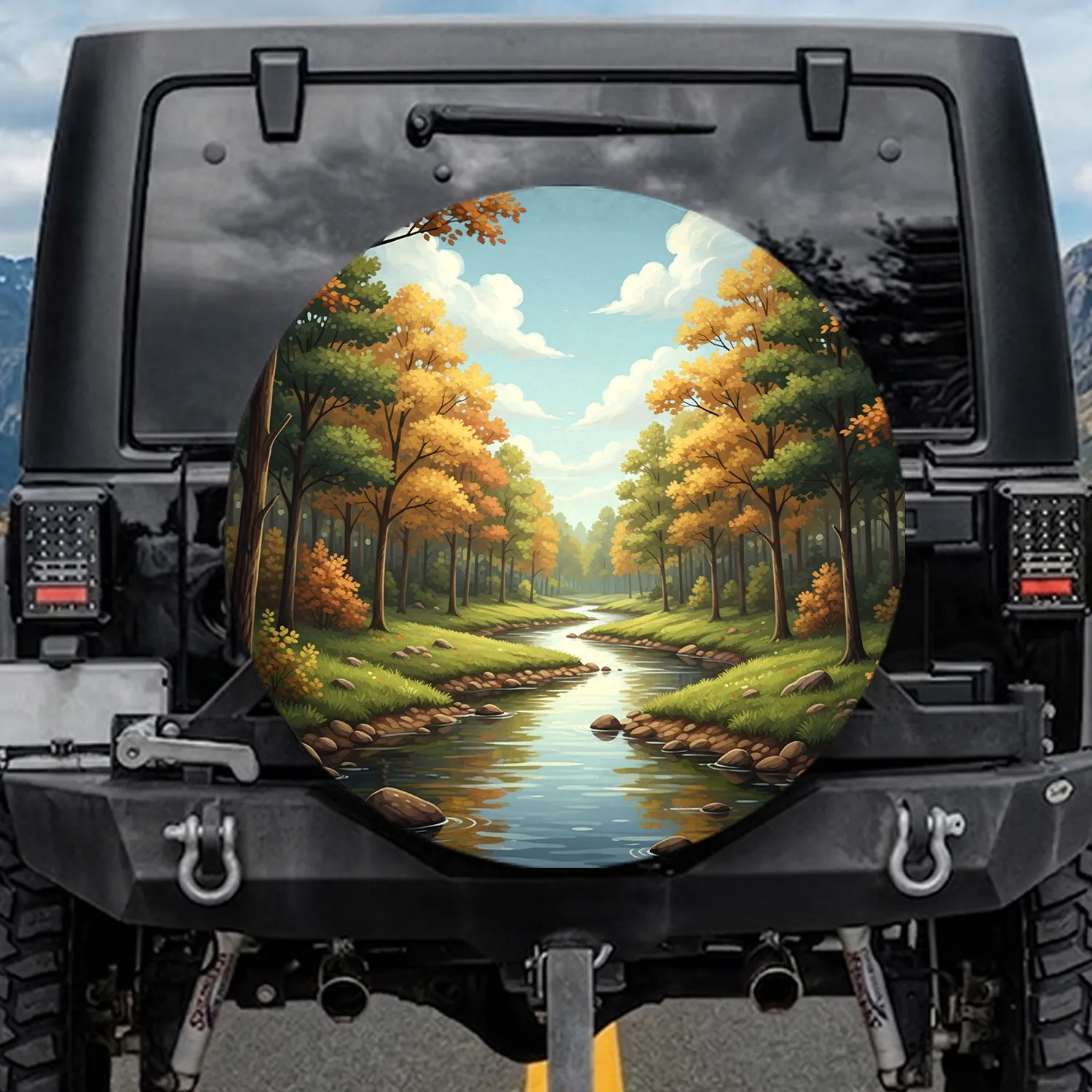 Winding Forest Stream Autumn Trees - Nature Lover Home Decor Gift Spare Tire Cover - 1