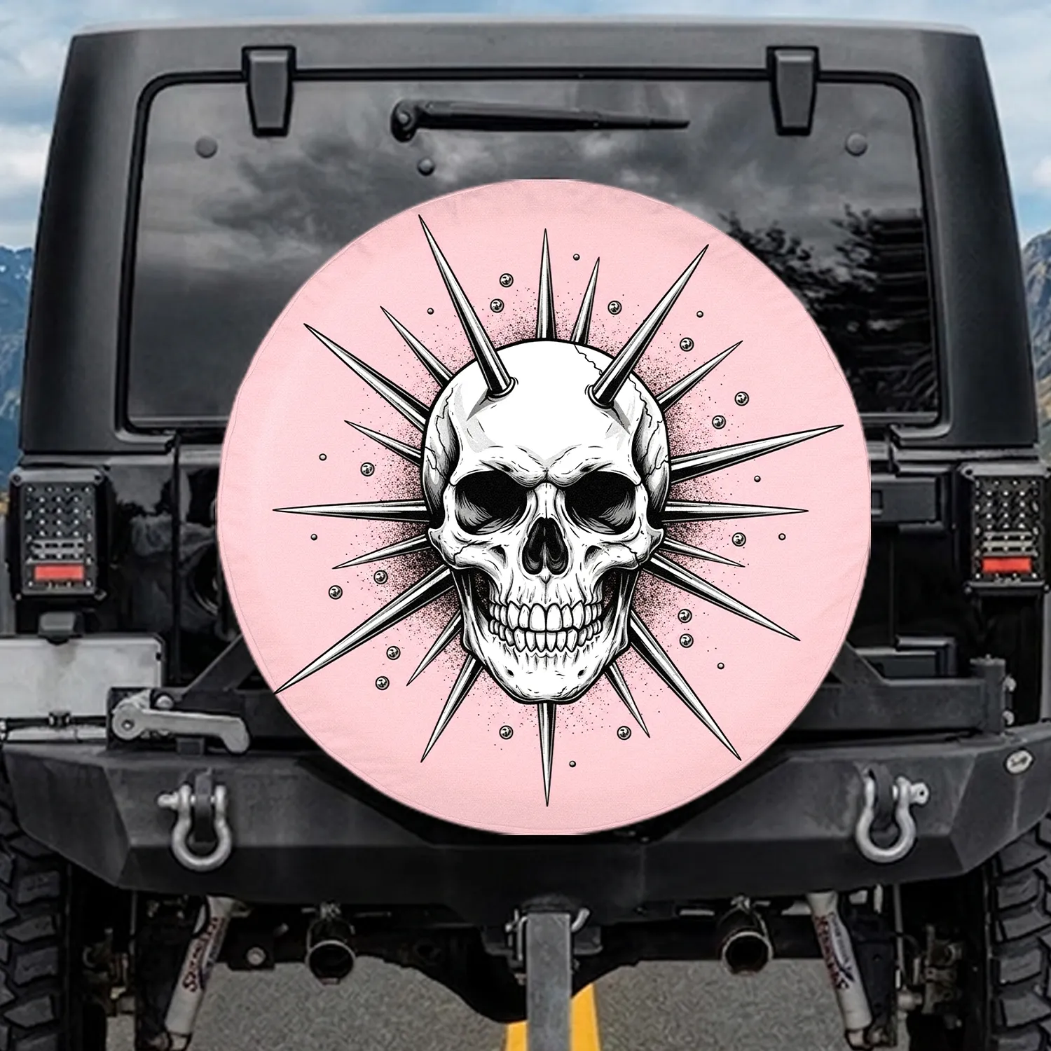 Pastel Pink Black White Aged Skull Bared Teeth Spikes Studs - Vehicle Decor Gift Spare Tire Cover - 1