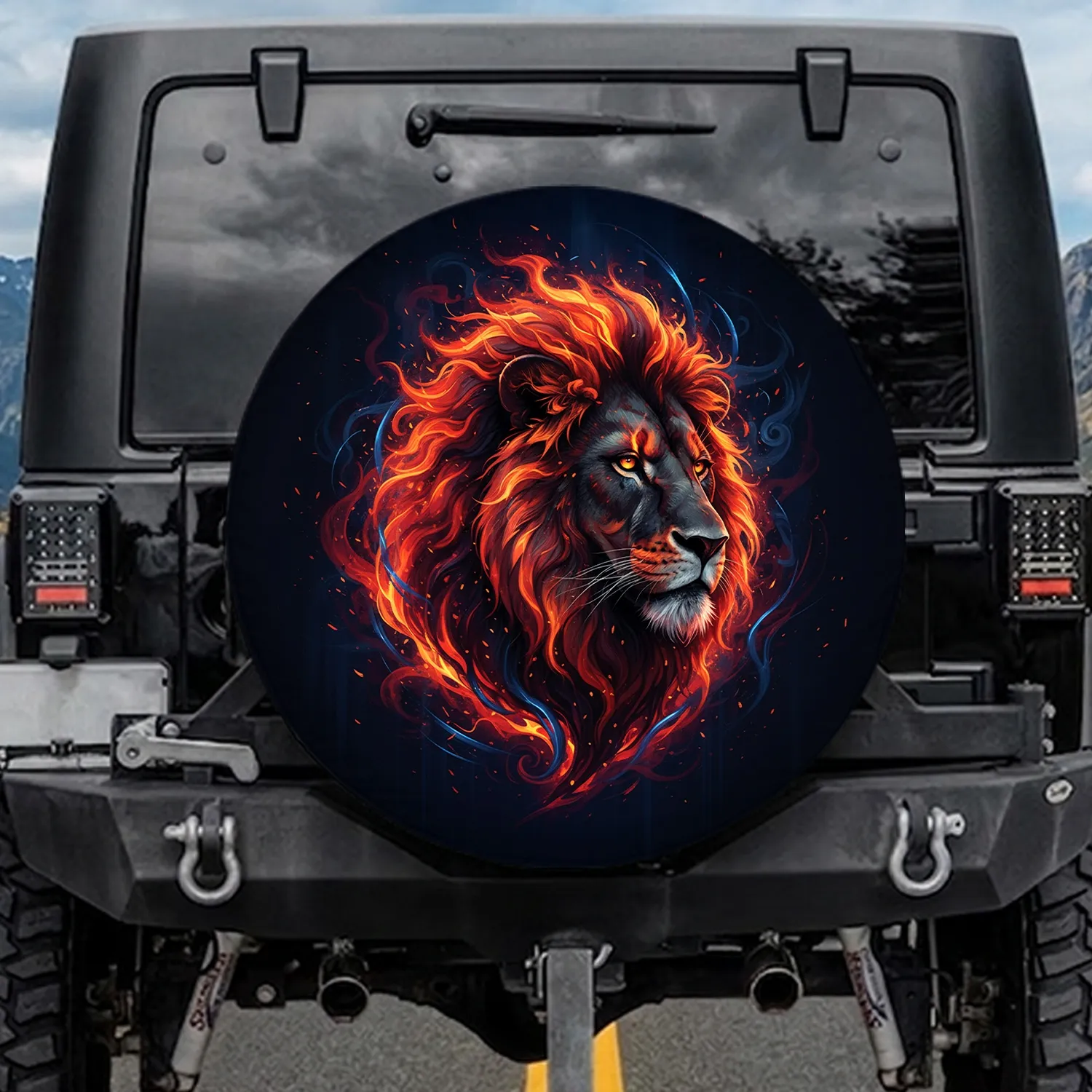 Majestic Flaming Lion Head Intense Gaze Swirling Smoke Fiery Energy - Wildlife Lover Gift Spare Tire Cover - 1