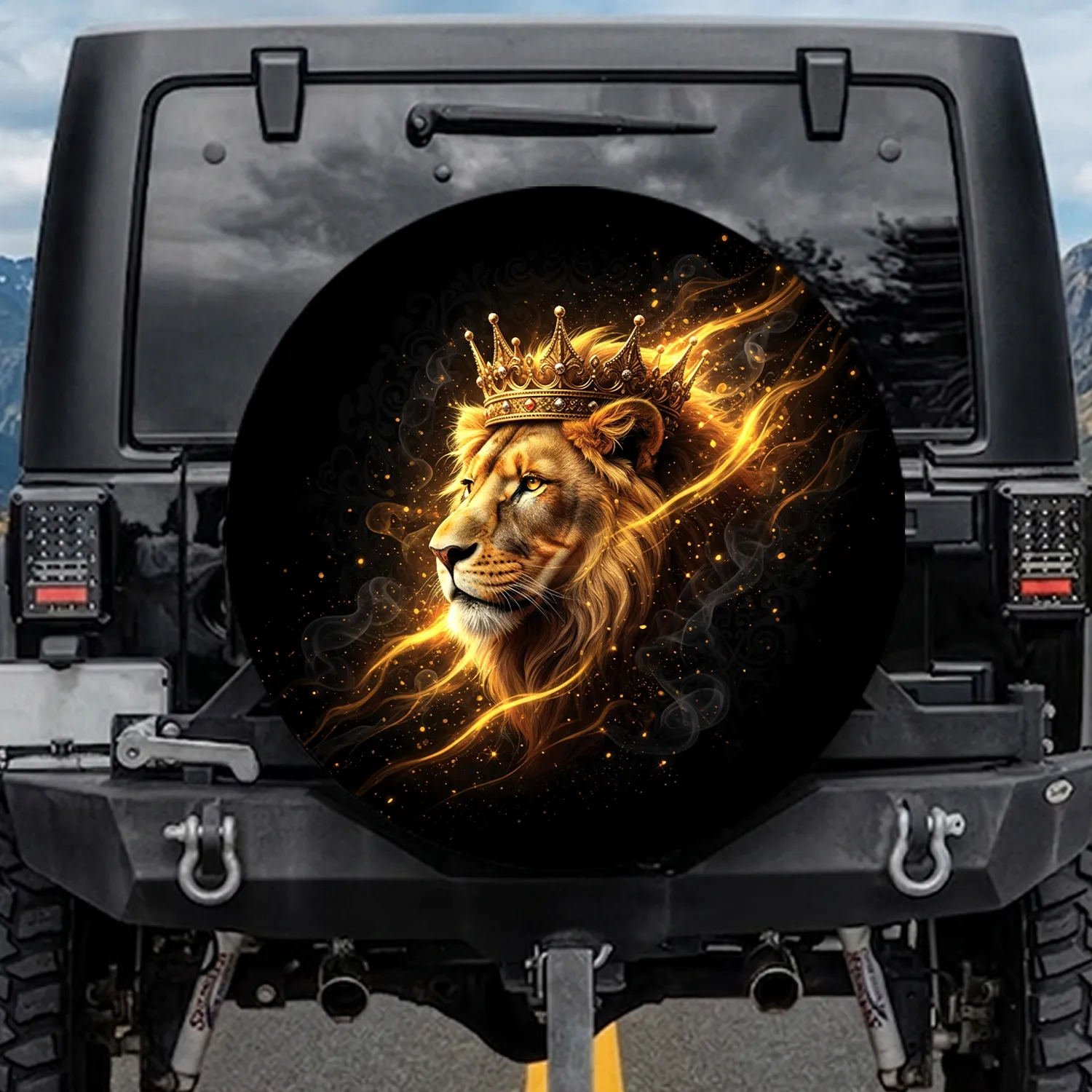 Regal Lion Head with Ornate Golden Crown - King of Beasts Wildlife Enthusiast Gift Spare Tire Cover - 1