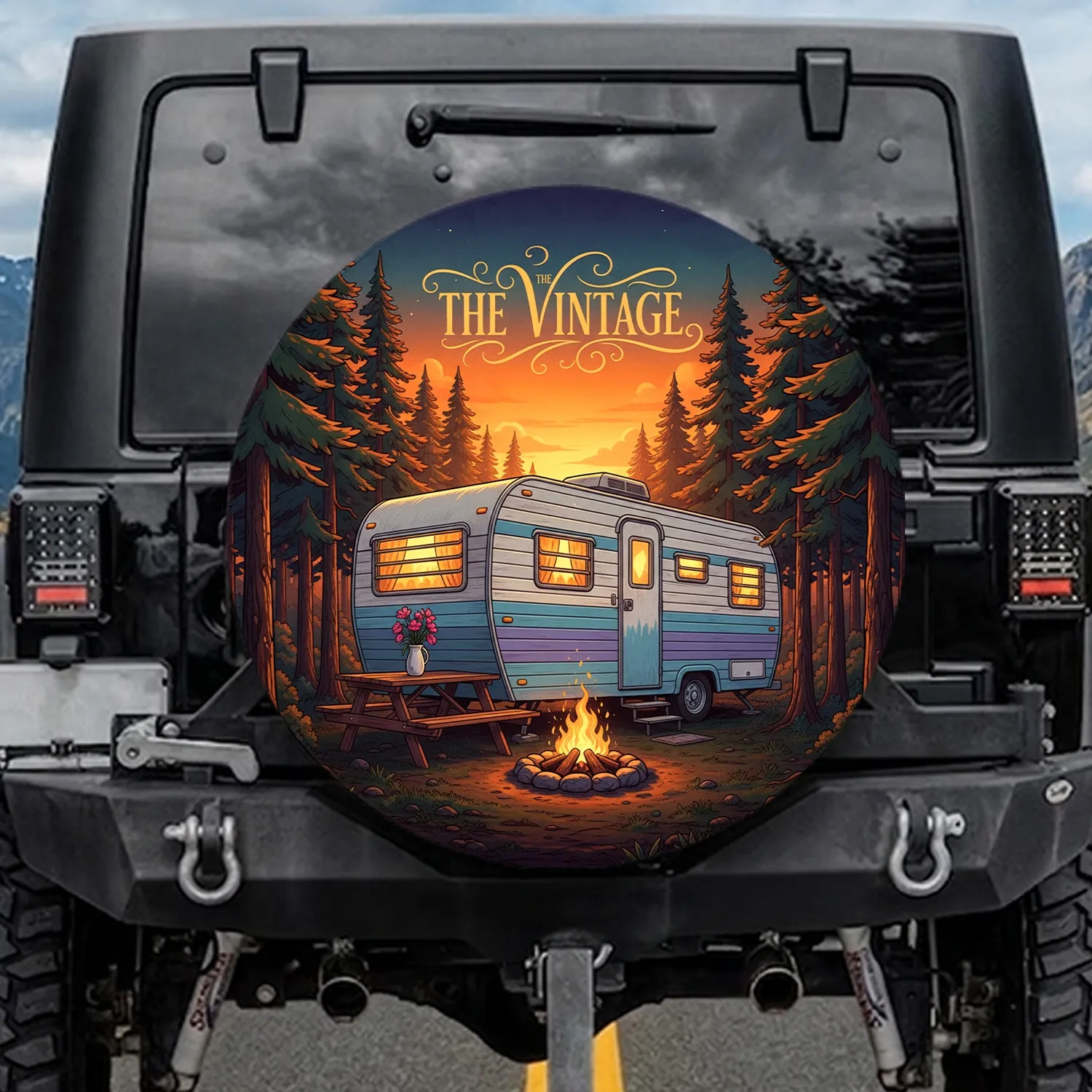 Vintage Travel Trailer Campfire Twilight Sky - Road Trip Camping Gift Spare Tire Cover - 1