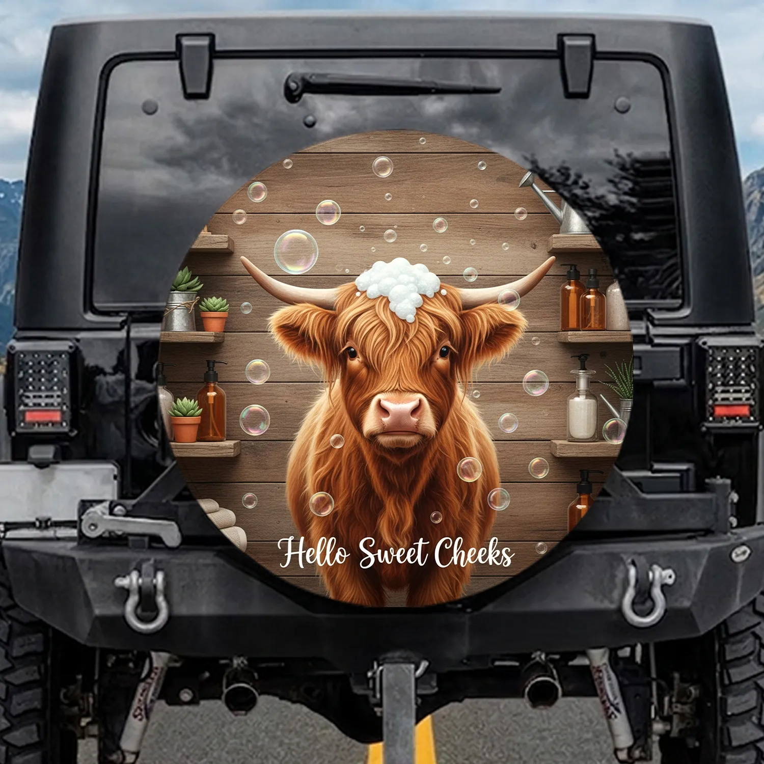 Highland Cow Soap Bubbles Rustic Shelf Hello Sweet Cheeks Farmhouse Bath Decor Gift for Cow Lover Spare Tire Cover - 1