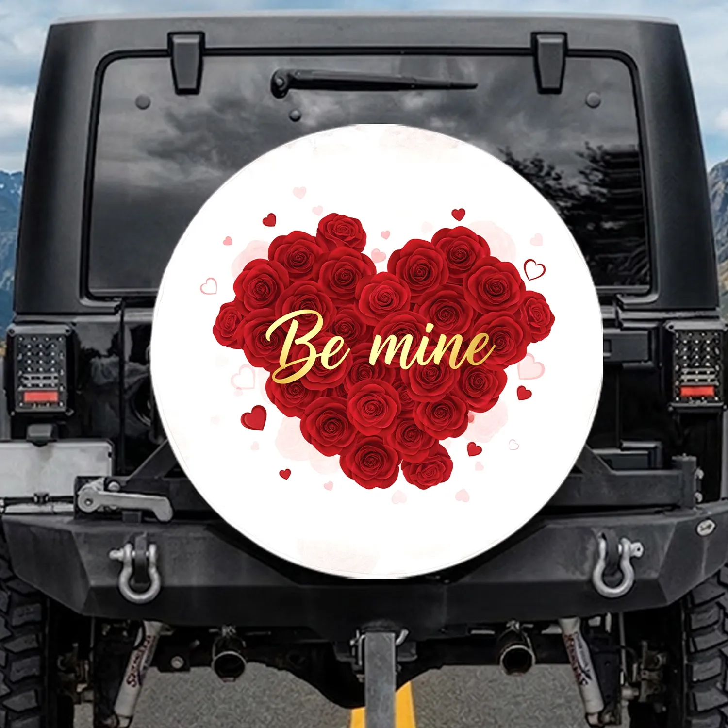 Velvet Red Rose Heart 'Be mine' Gold Text with Rose Petals - Valentine's Day Gift for Her Spare Tire Cover - 1