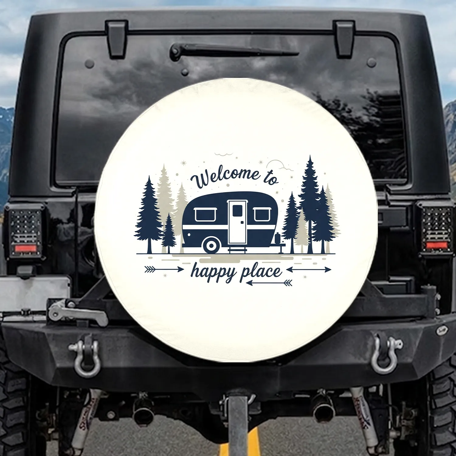 Vintage Camper Pine Trees Welcome Happy Place - Travel Lover Gift Spare Tire Cover - 1