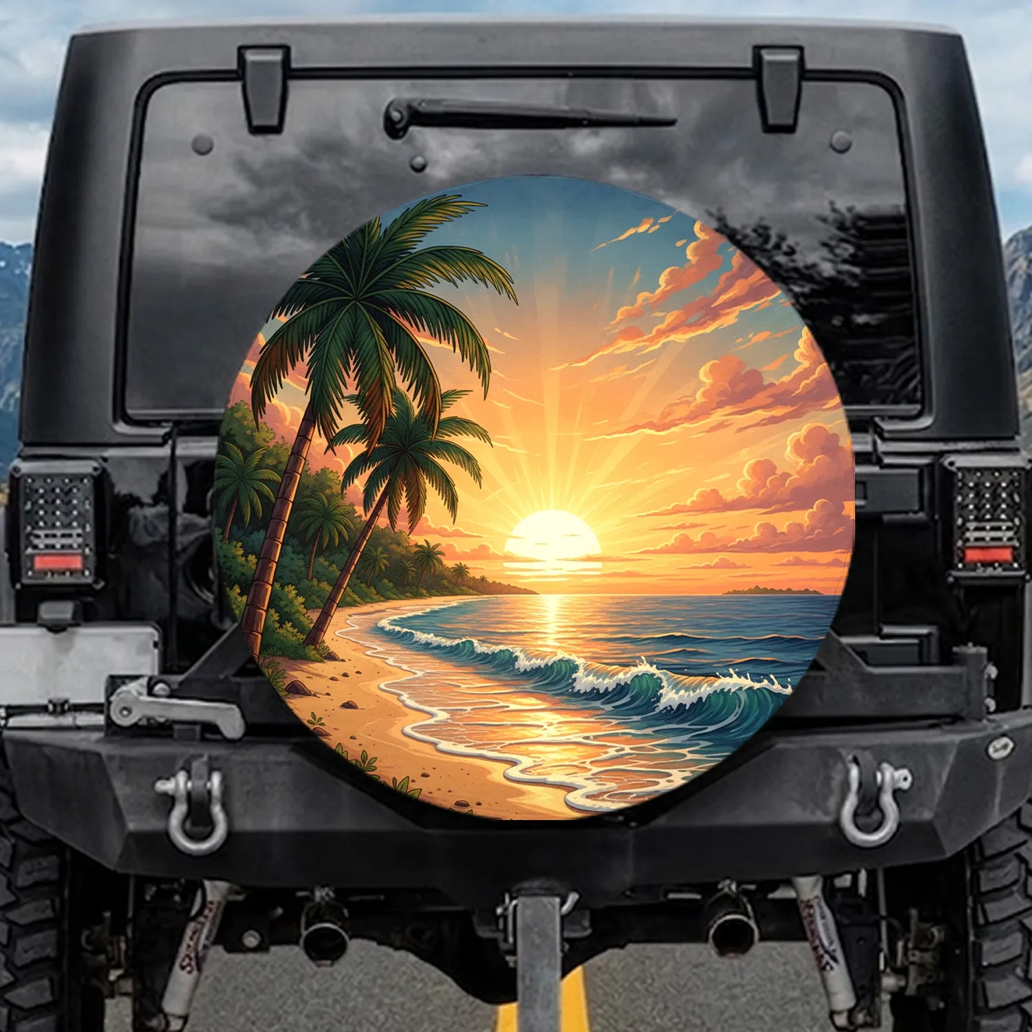 Tropical Beach Sunset Palm Trees Ocean - Travel Essentials Gift for Beach Lover Spare Tire Cover - 1