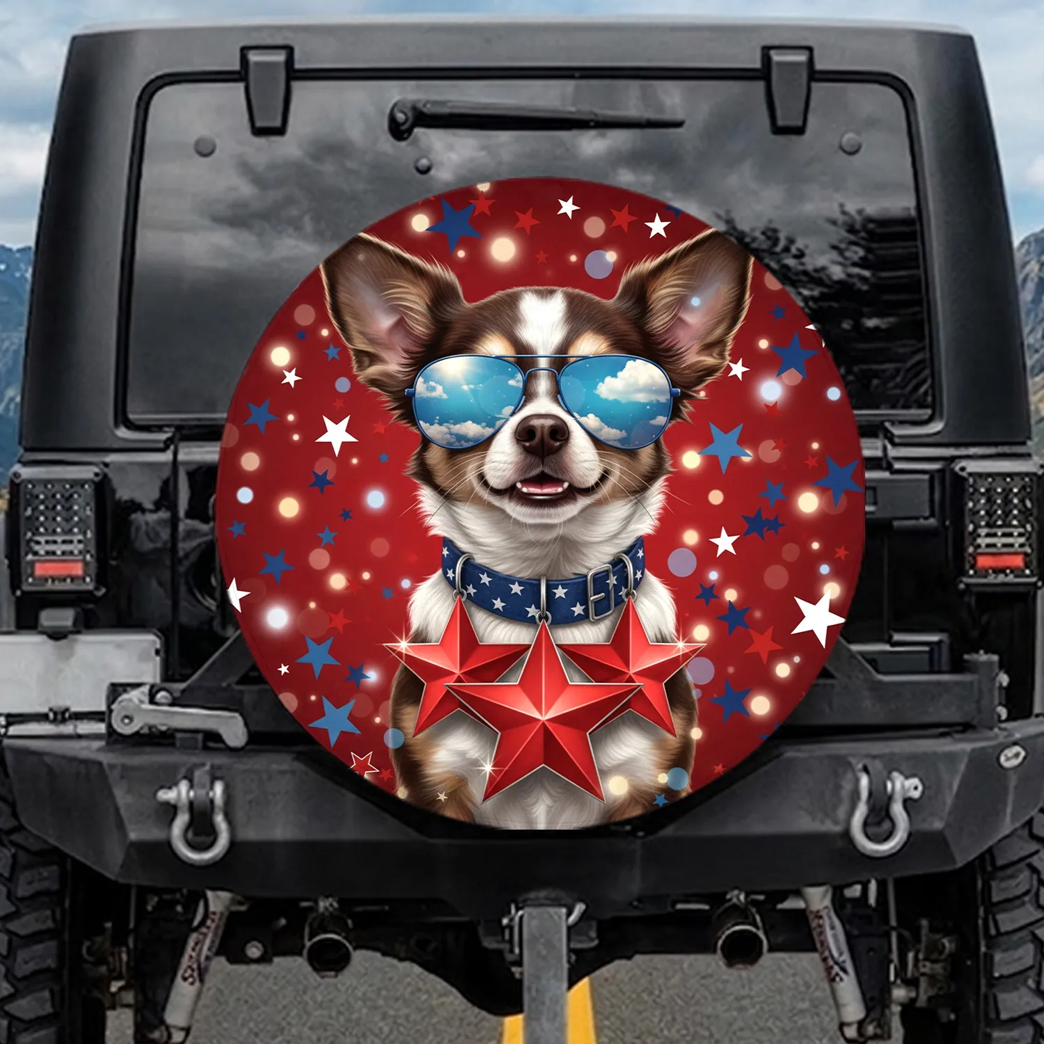 Chihuahua Dog Blue Sunglasses Red Star Collar - Independence Day Gift for Dog Lover Spare Tire Cover - 1