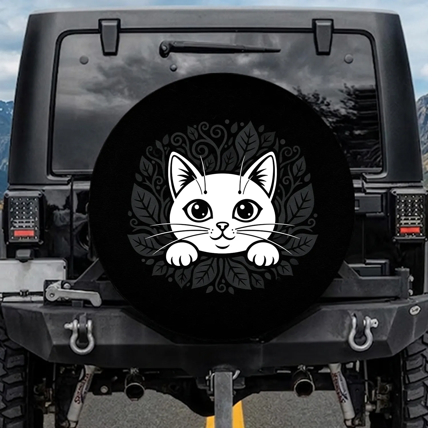 Inquisitive White Cat Face Paws Organic Swirl Shapes Black Background - Cat Lover Gift Spare Tire Cover - 1