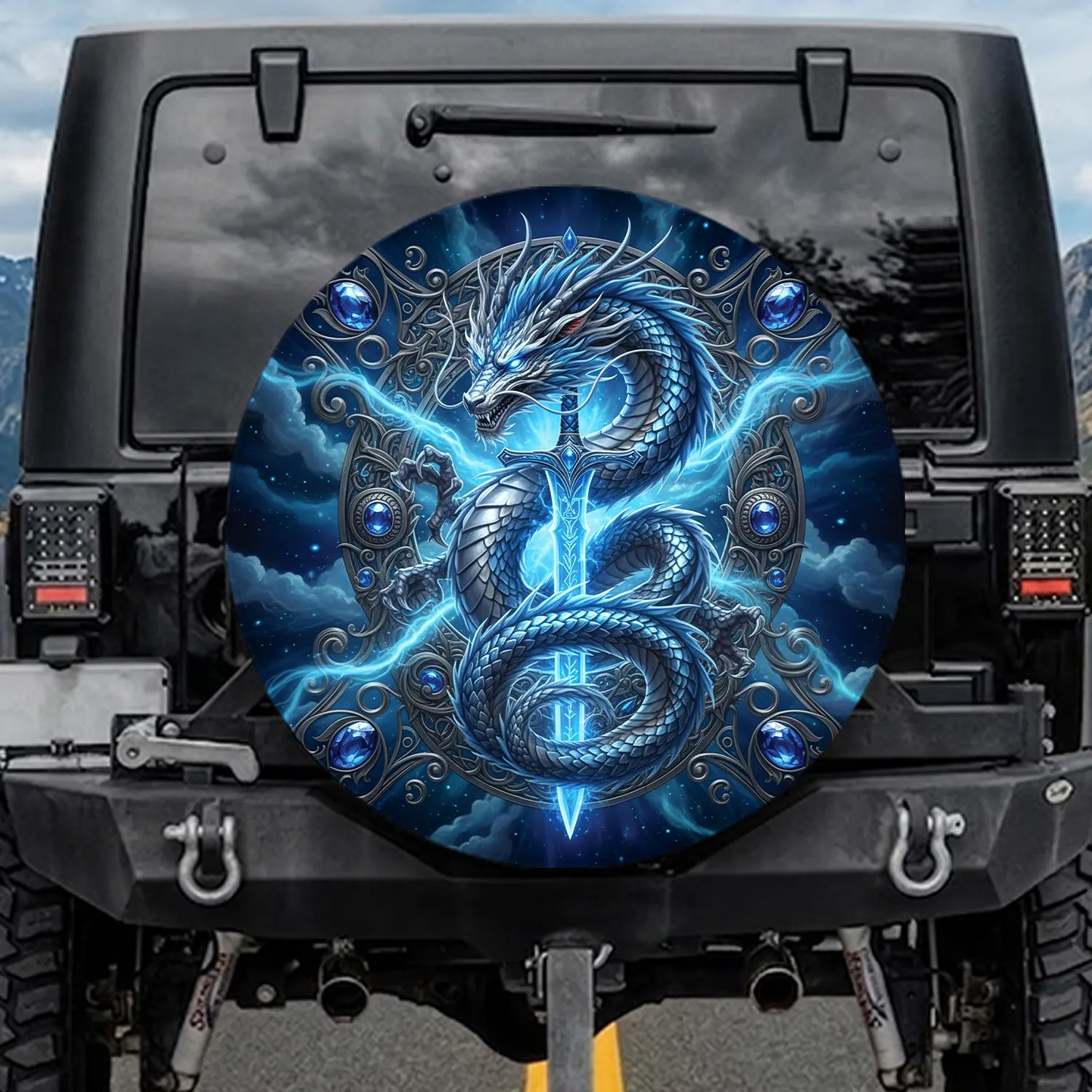 Coiled Silver Dragon Glowing Runic Sword Sapphire Gemstone - Fantasy Lover Gift Spare Tire Cover - 1