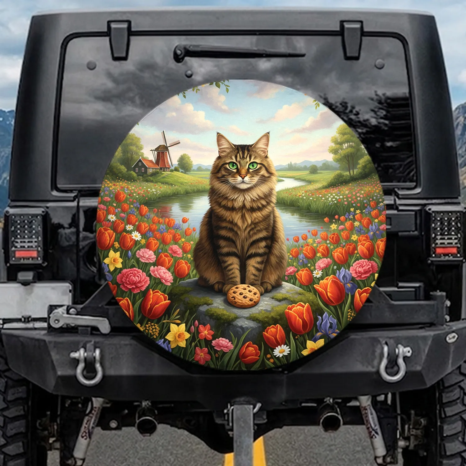 Brown Tabby Cat Cookie Dutch Windmill Wildflowers - Cat Lover Gift Spare Tire Cover - 1