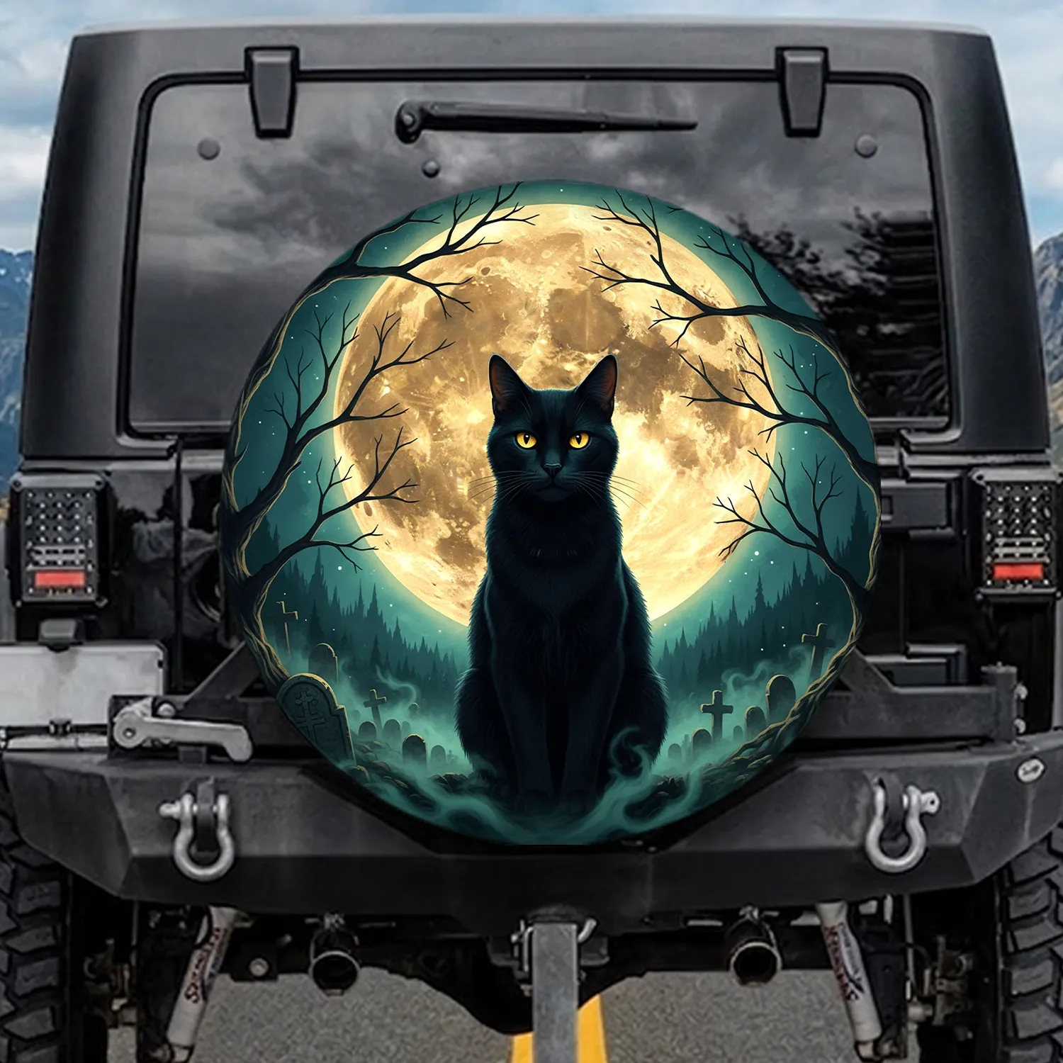 Regal Black Cat Full Moon Gothic Night - Dark Fantasy Gift for Cat Lovers Spare Tire Cover - 1