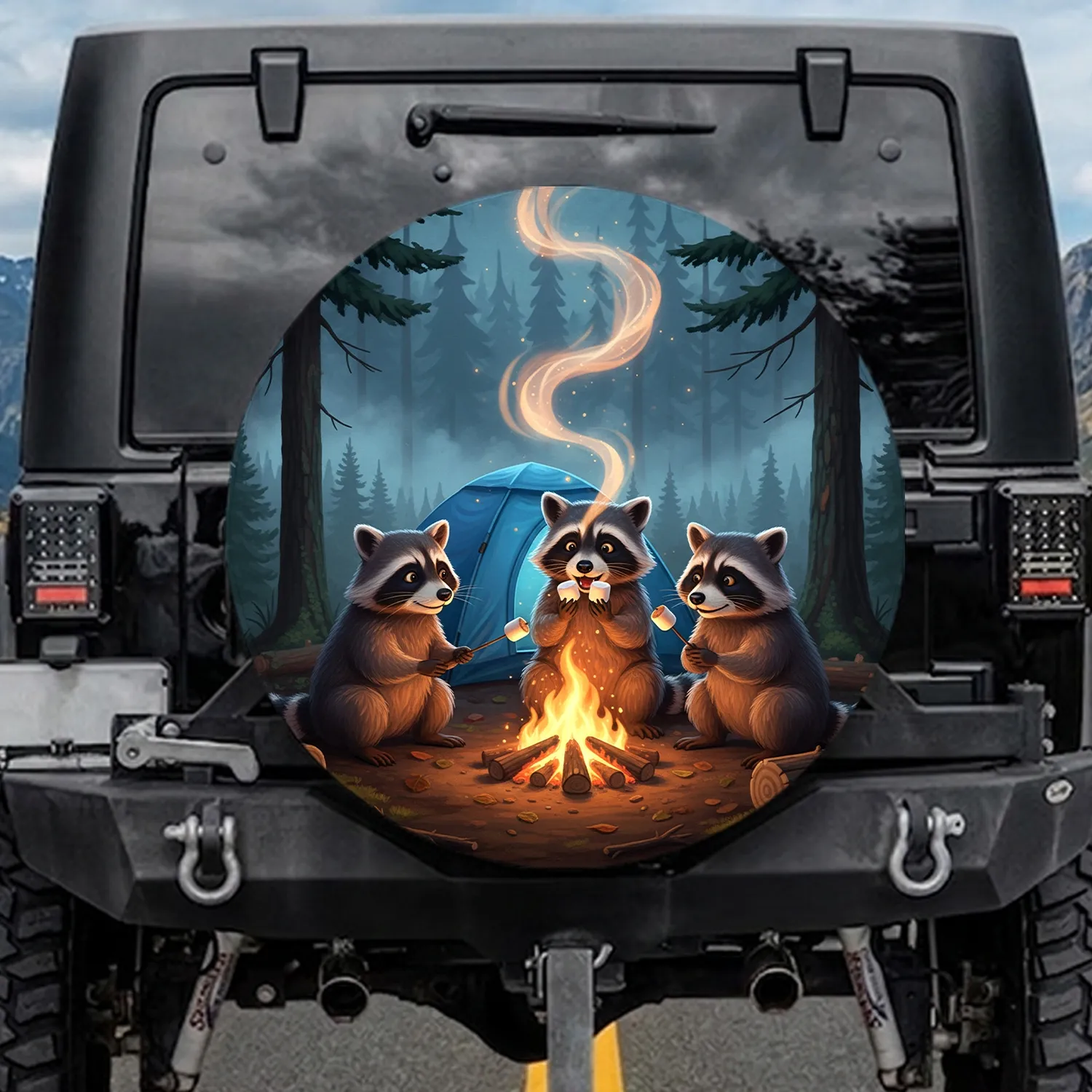 Raccoon Campfire Marshmallow Camping Tent - Wildlife Lover Gift Spare Tire Cover - 1