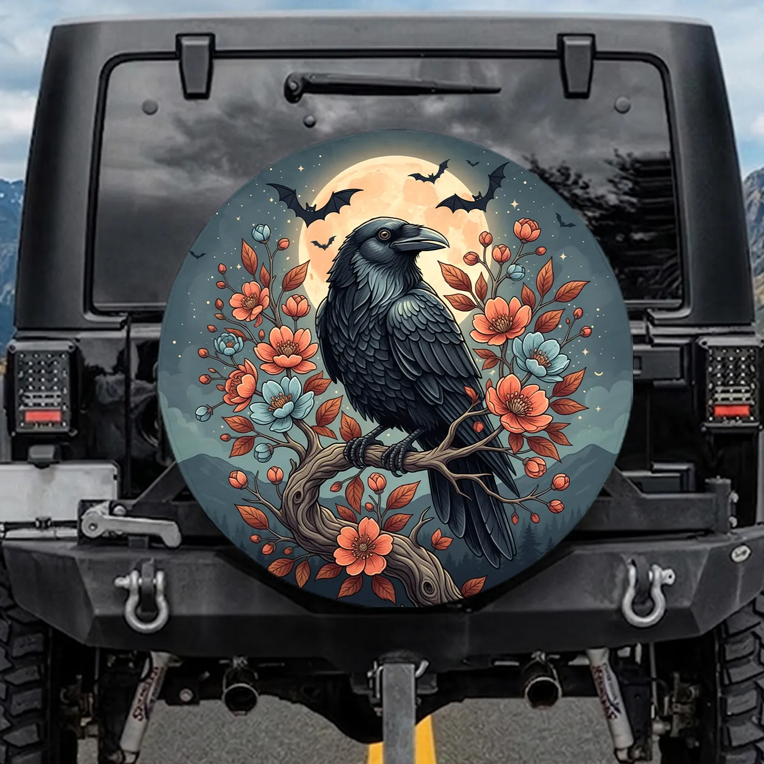 Black Raven Autumn Flowers Full Moon Flying Bats - Nature Lover Gift Spare Tire Cover - 1