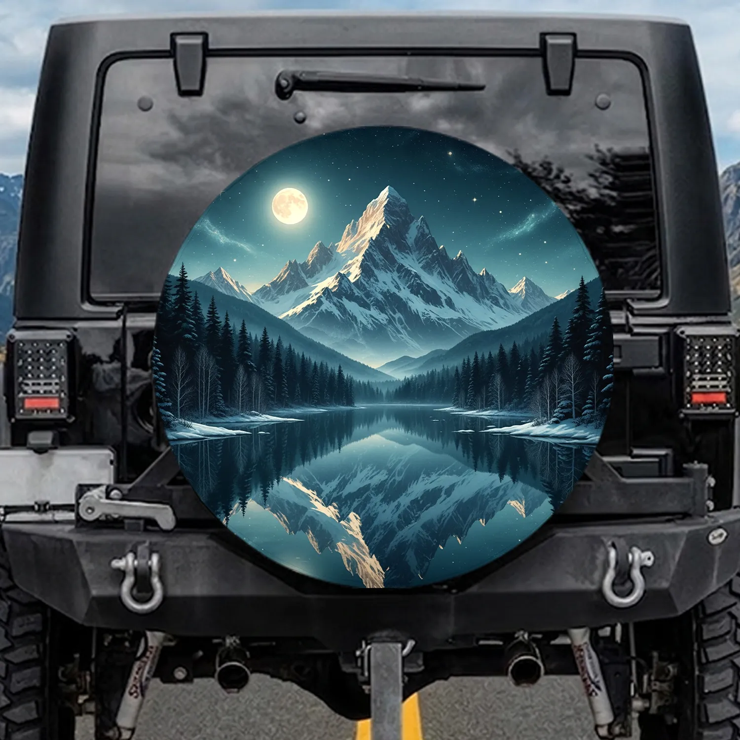 Majestic Snow-Capped Mountain Lake Moon Night Sky Forest - Home Decor Gift Spare Tire Cover - 1