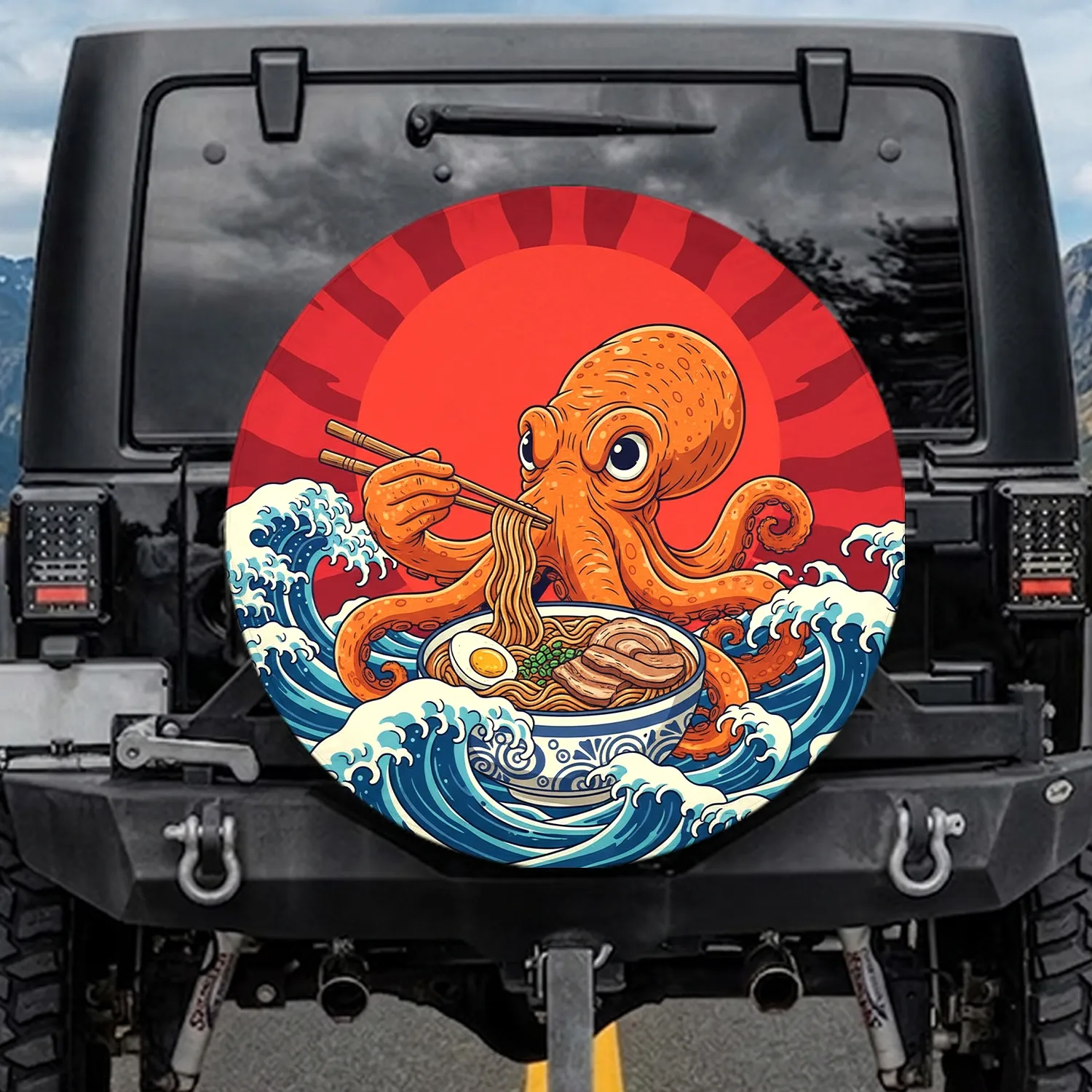 Octopus Eating Ramen Japanese Great Waves Crimson Sun - Ocean Lover Gift Spare Tire Cover - 1