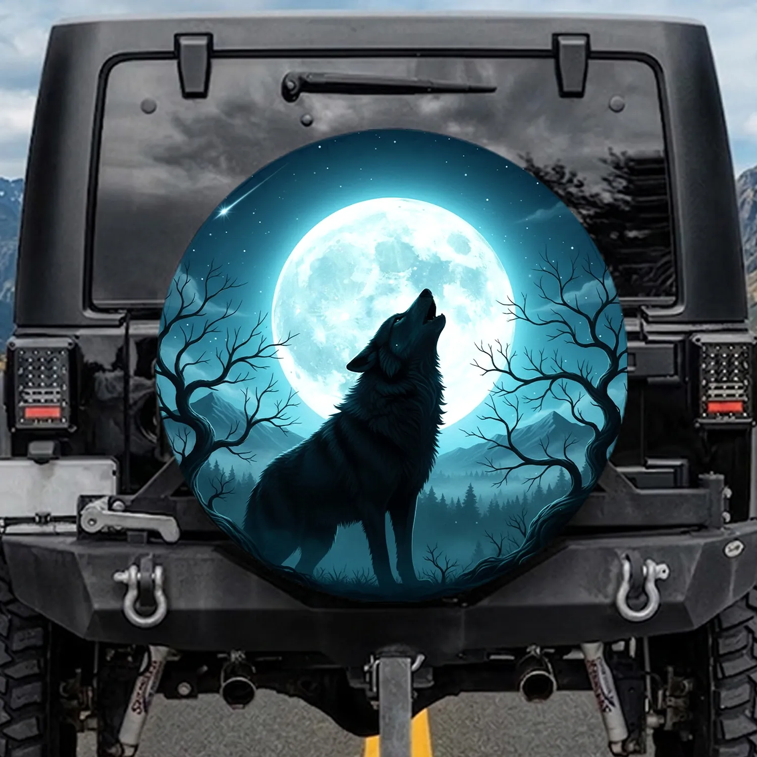 Howling Black Wolf Full Moon Stars Night Sky Winter Trees - Nature Lover Gift Spare Tire Cover - 1