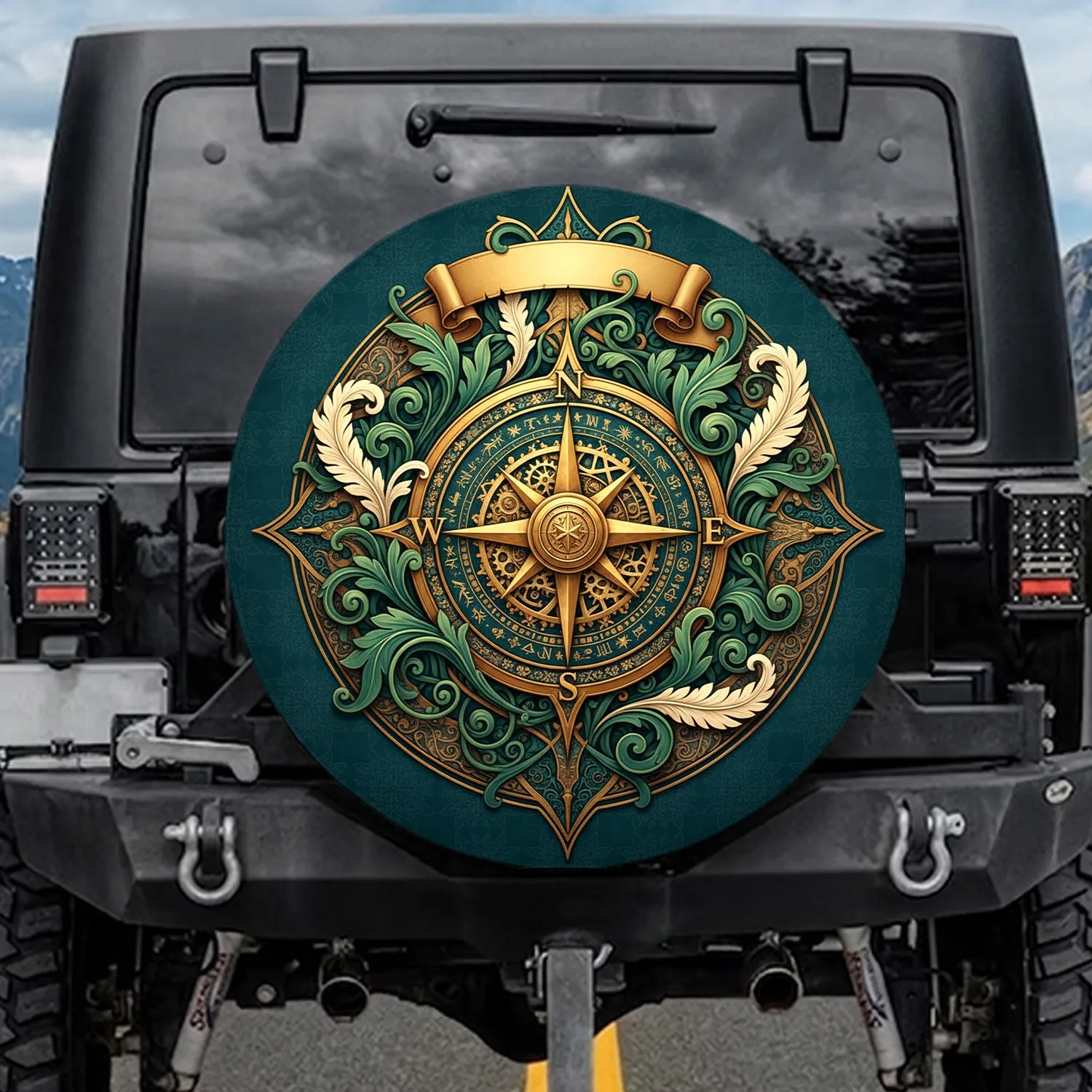 Ornate Golden Compass Rose Botanical Cartography - Outdoor Adventure Lifestyle Gift Spare Tire Cover - 1