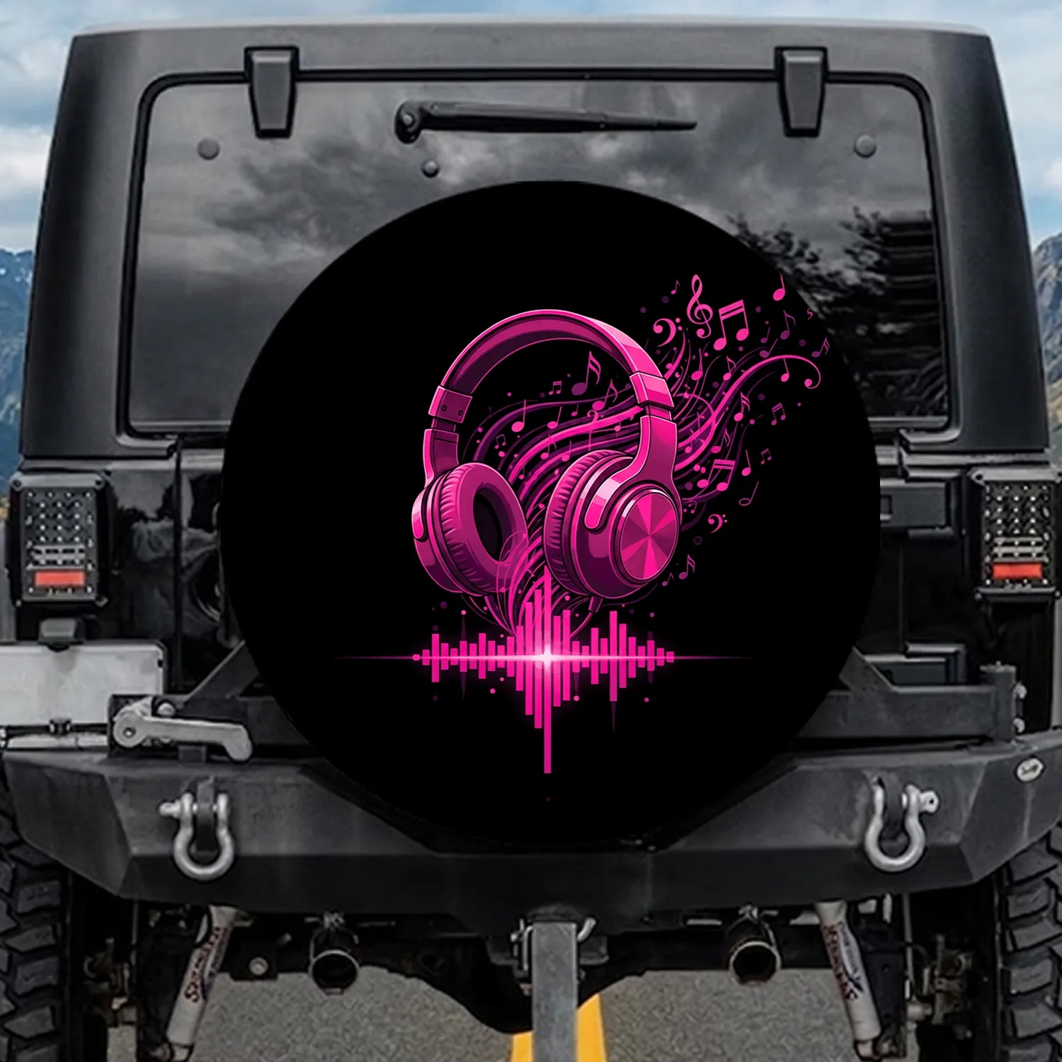 Magenta Over-Ear Headphones Musical Notes Equalizer Sound Waves - Audio Enthusiast Gift Spare Tire Cover - 1