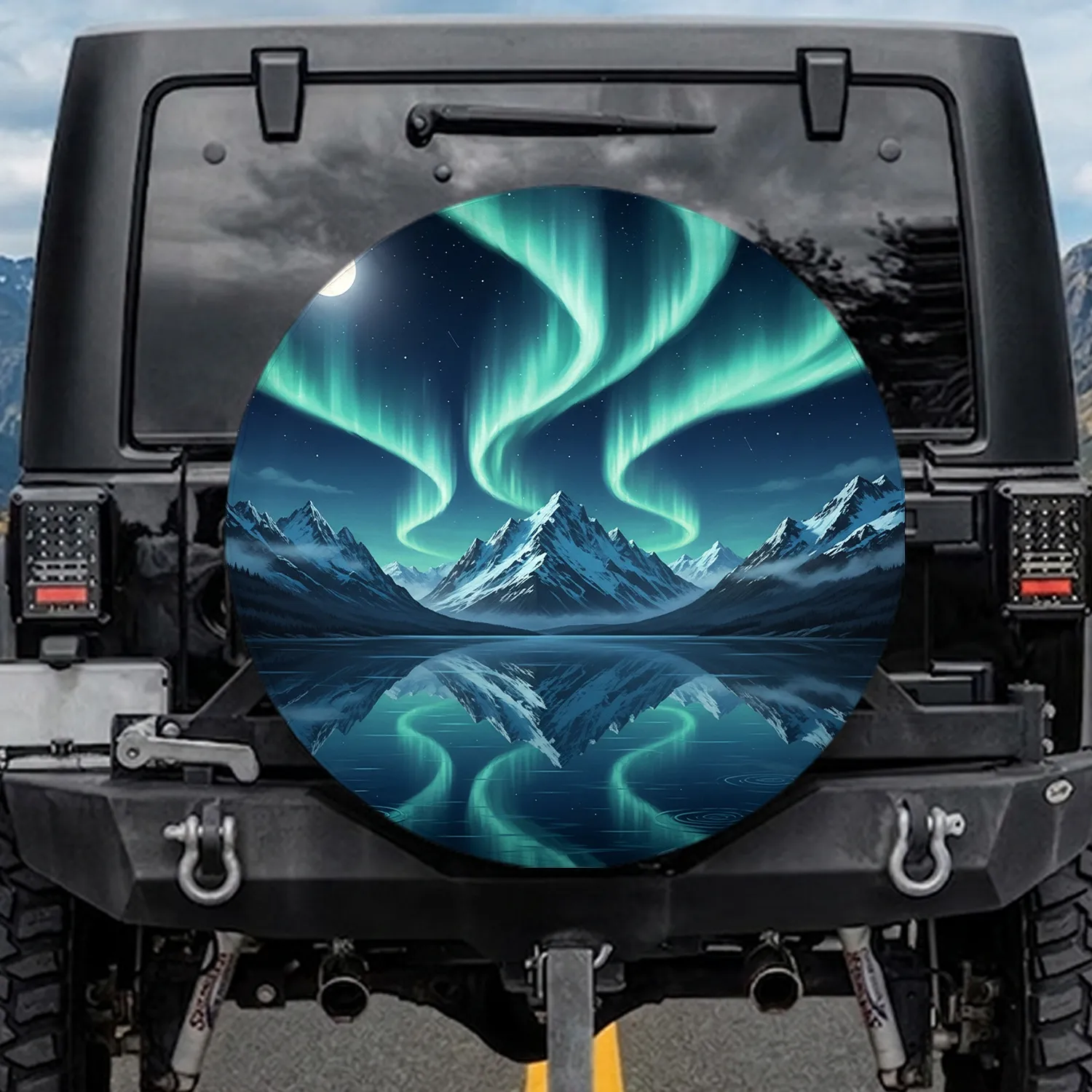 Aurora Borealis Snow Mountains Lake Starry Night Full Moon - Home Decor Gift Spare Tire Cover - 1
