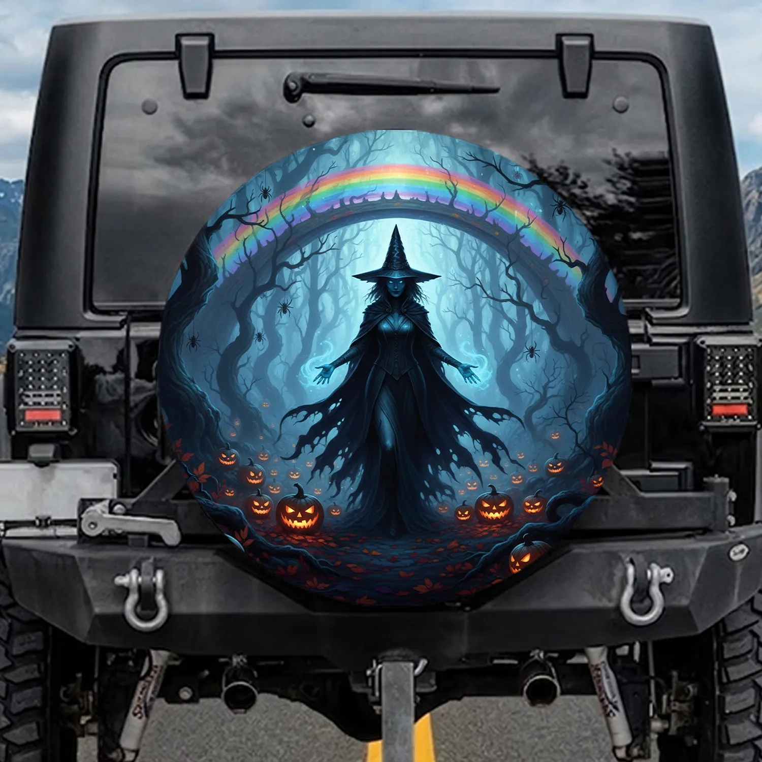Mysterious Witch Glowing Jack-o'-Lanterns Rainbow Forest - Halloween Party Decor Gift Spare Tire Cover - 1