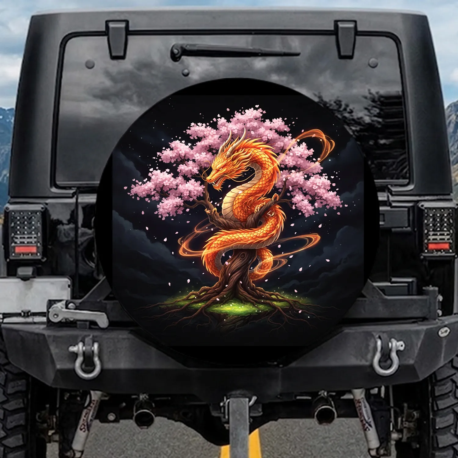 Fiery Dragon Cherry Tree - Home Decor Gift for Dragon Lovers Spare Tire Cover - 1