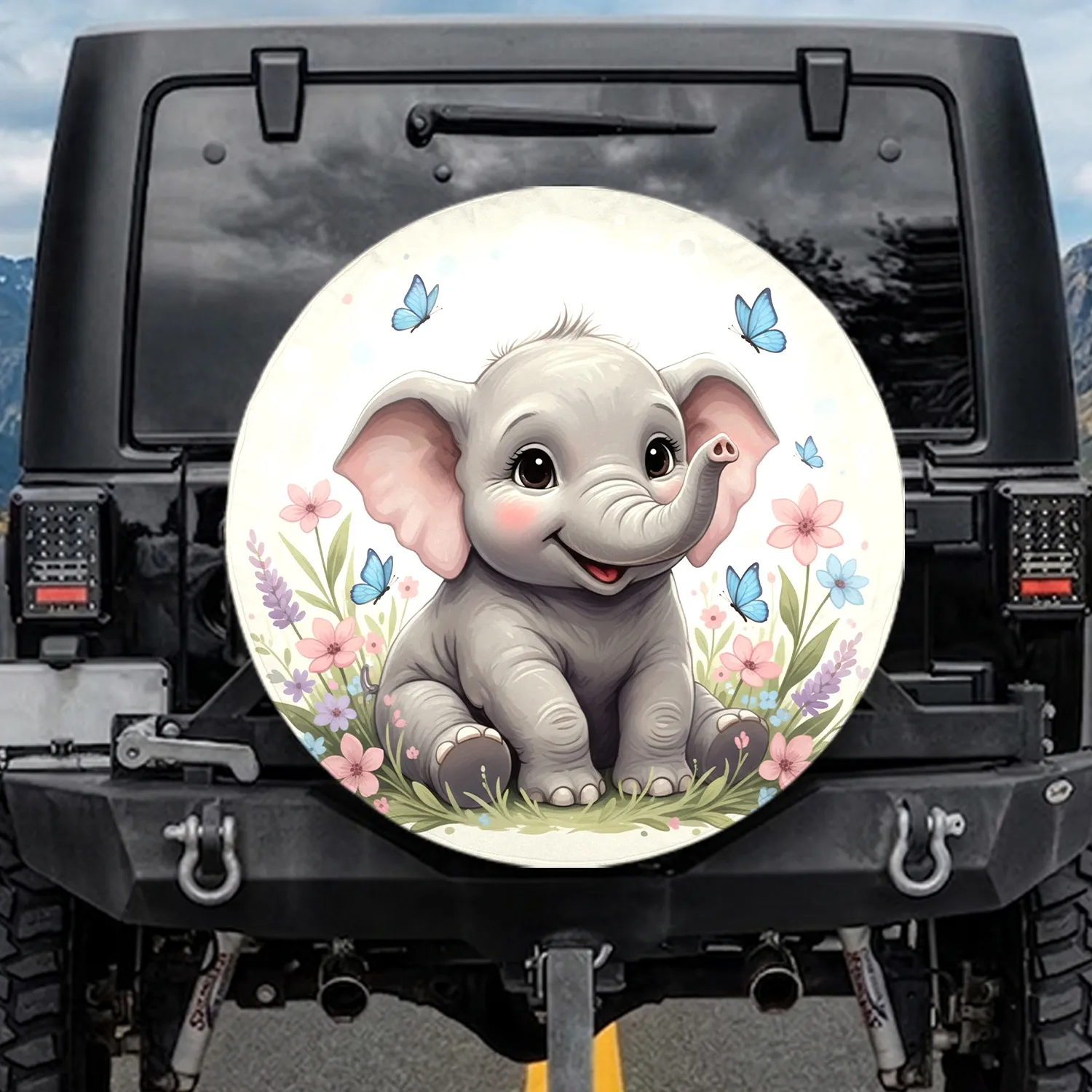 Charming Plump Baby Elephant Wildflowers Butterflies - Outdoor Vehicle Decor Gift Spare Tire Cover - 1