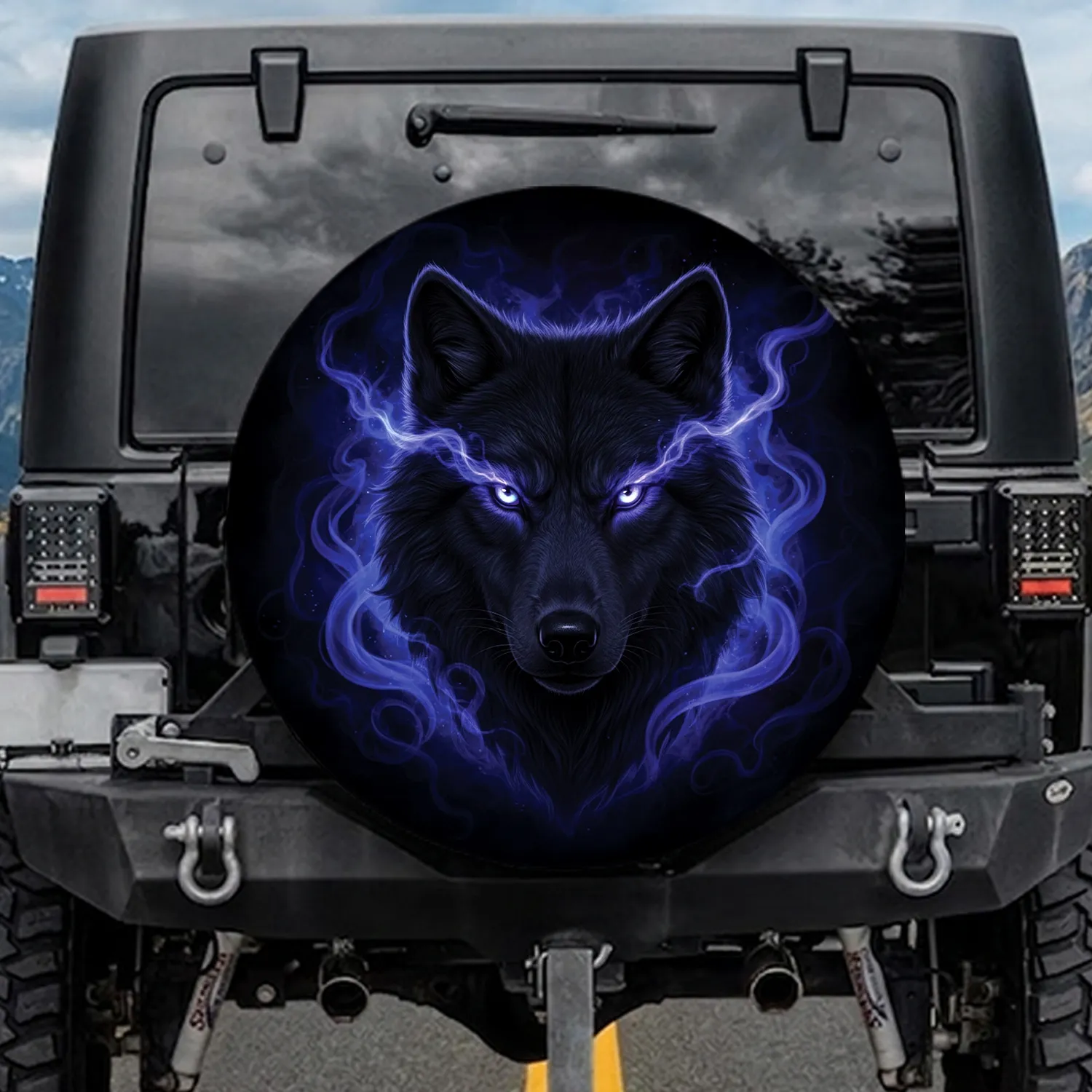 Black Wolf Head Glowing Electric Blue Purple Eyes Mystical Smoke Energy Scene - Wildlife Lover Gift Spare Tire Cover - 1