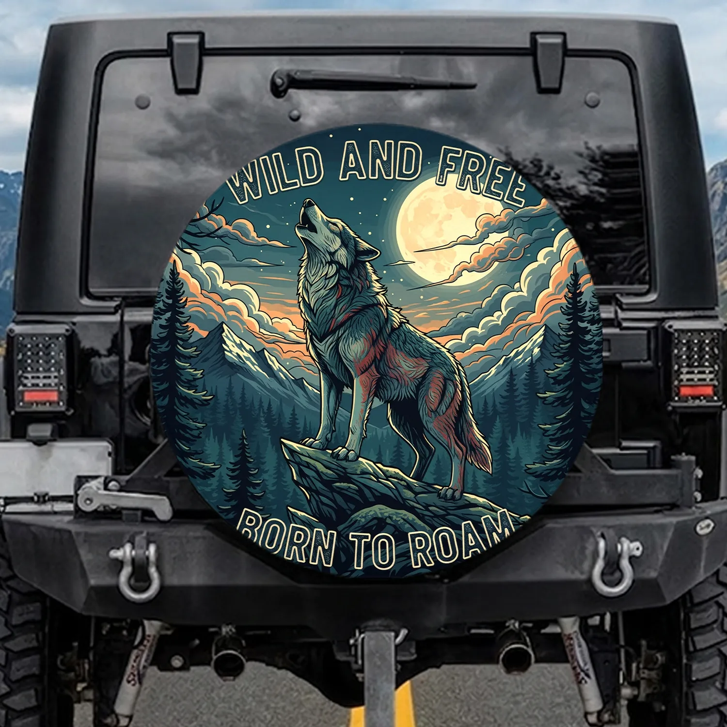 Howling Wolf Wild and Free Born to Roam Rocky Mountains - Adventure Lover Gift Spare Tire Cover - 1