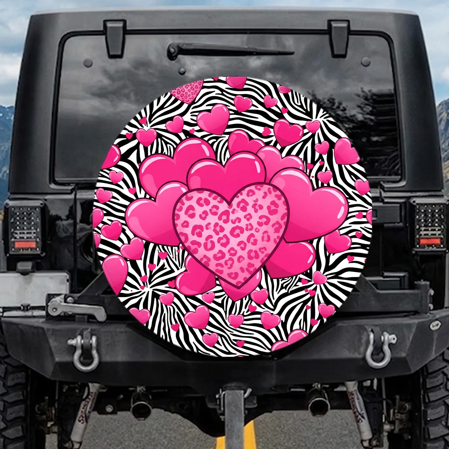 Hot Pink Leopard Heart Zebra Stripes - Everyday Vehicle Decor Spare Tire Cover - 1